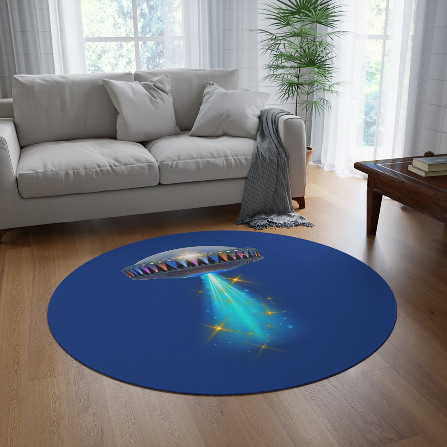 Round Room - 5 ft x 5 ft Lumpy Donut Rug - "They Have Rugs on the Mothership now" - mothership & donut w/dark blue background - variant 1