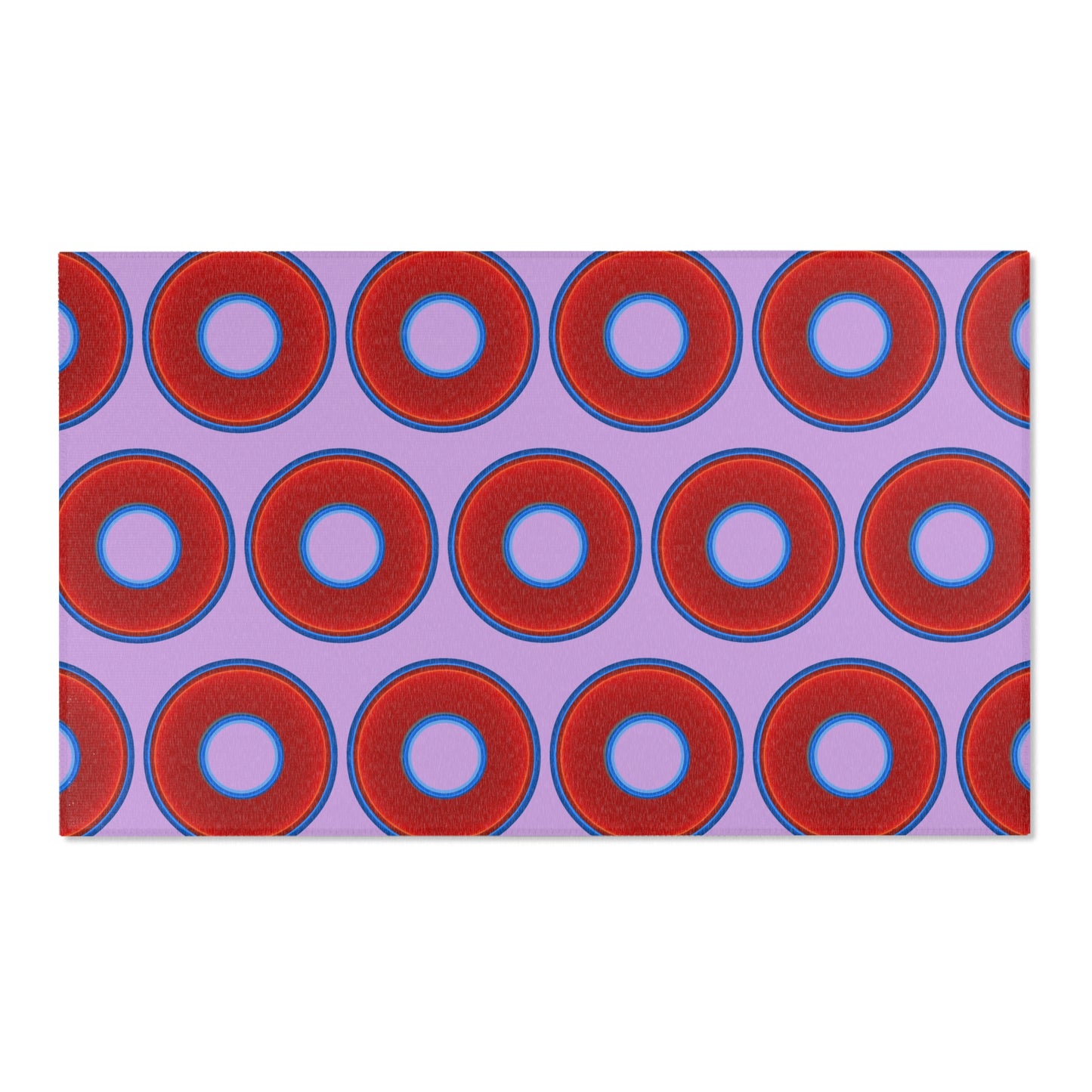 Lumpy Donut Print Rug - choice of 3 sizes - vivid red donut print w/wisteria purple background