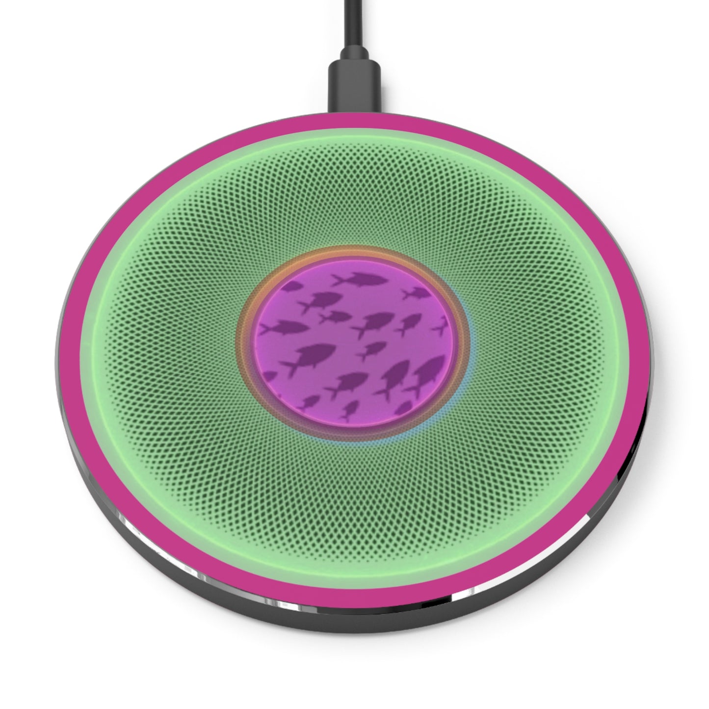 The Flow - Wireless Lumpy Donut Chargers - "Swimming By this Donut Charger" -green/magenta phatty donut w/dark magenta background - variant 2