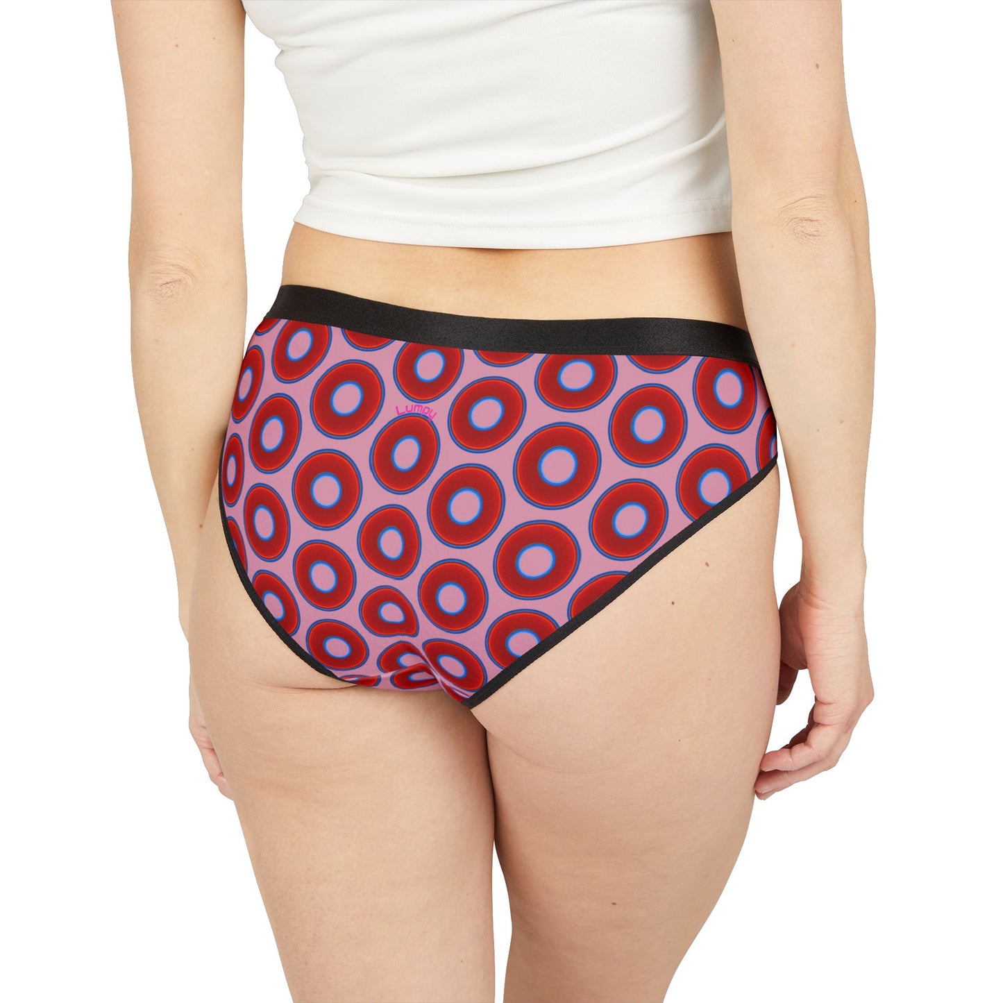 Lumpy Donut Underwear - vivid red donut print w/pale magenta background