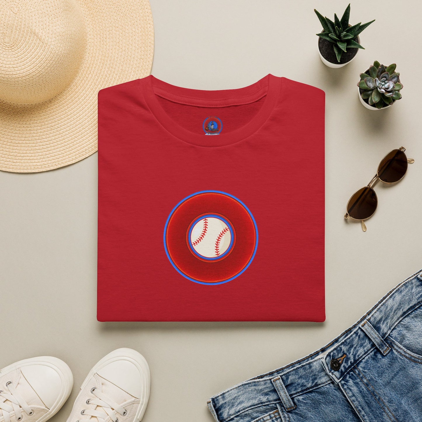 Classic Donut Tee - Unisex Soft-Style - "Phenway Ballpark Donuts" - vivid red/blue donut - variant 4