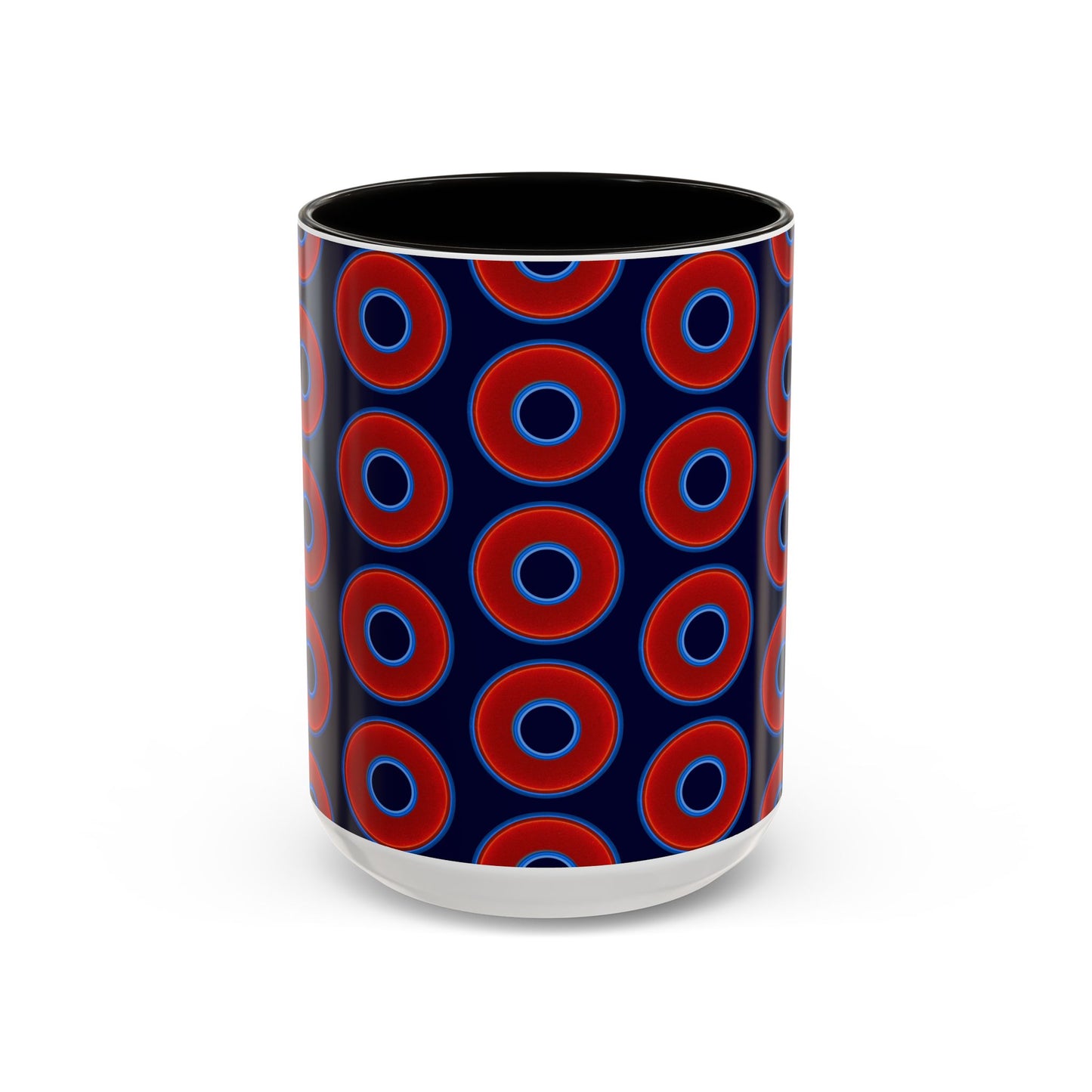 Lump's Grumpy Coffee Mug - vivid red donuts w/midnight blue background