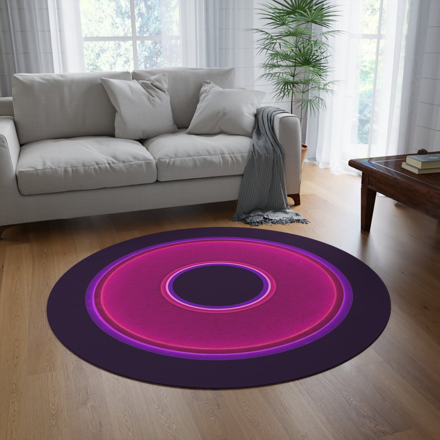 Round Room - 5 ft x 5 ft Lumpy Donut Rug - "Plain Donut" - vivid magenta donut w/midnight purple background
