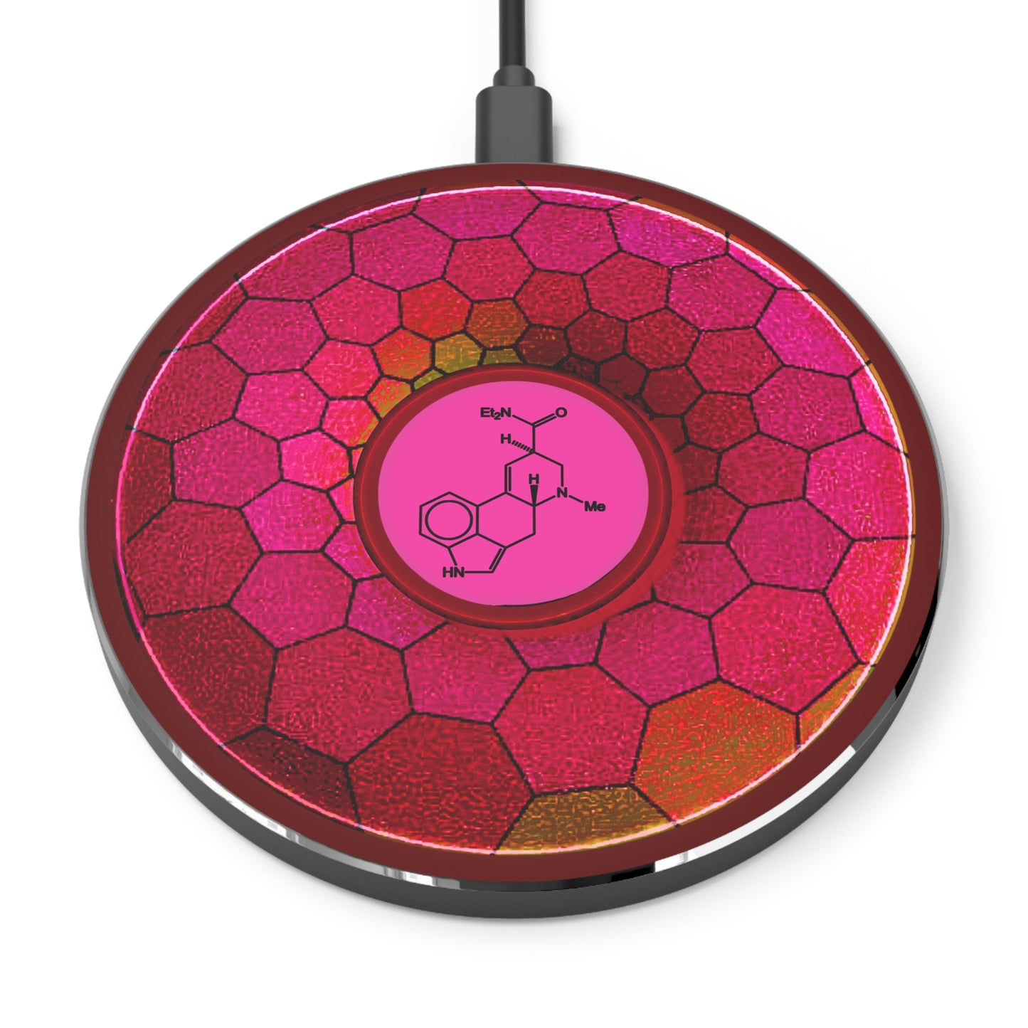 The Flow - Wireless Lumpy Donut Chargers - "Dr. Albert Hofmann" - magenta hexadonut w/dark red background - variant 1