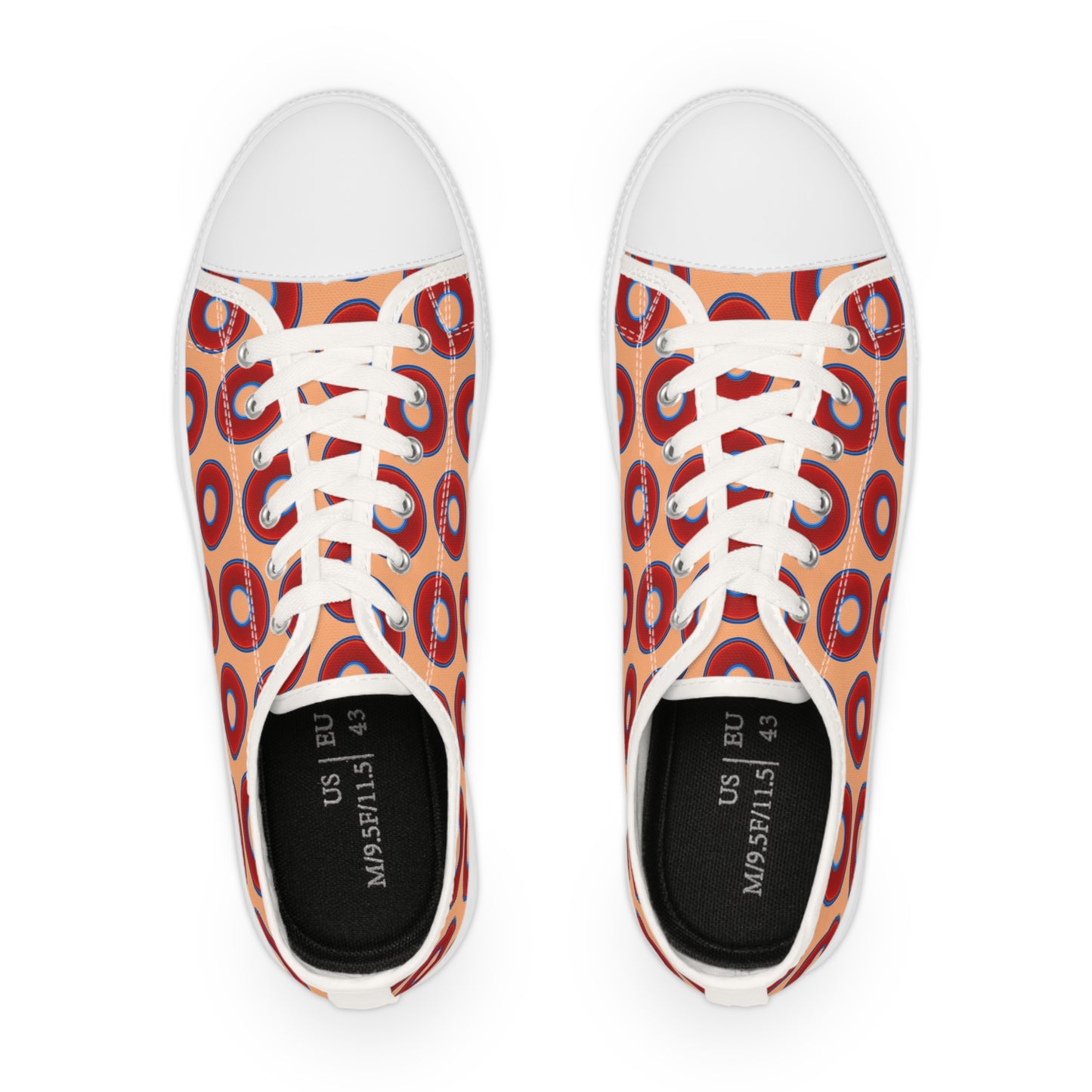 Men's - Low Top Chuck Taylors - large vivid red donut print w/peach background