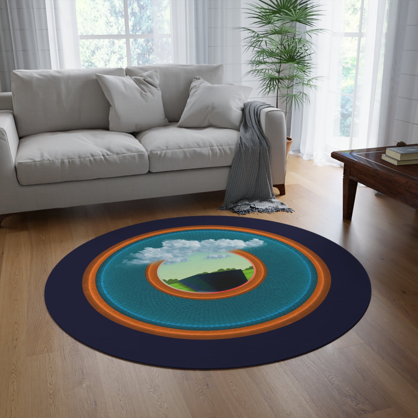Round Room - 5 ft x 5 ft Lumpy Donut Rug - "Got Rhombus Rug?" - rustic blue/orange donut w/dark navy background - variant 4
