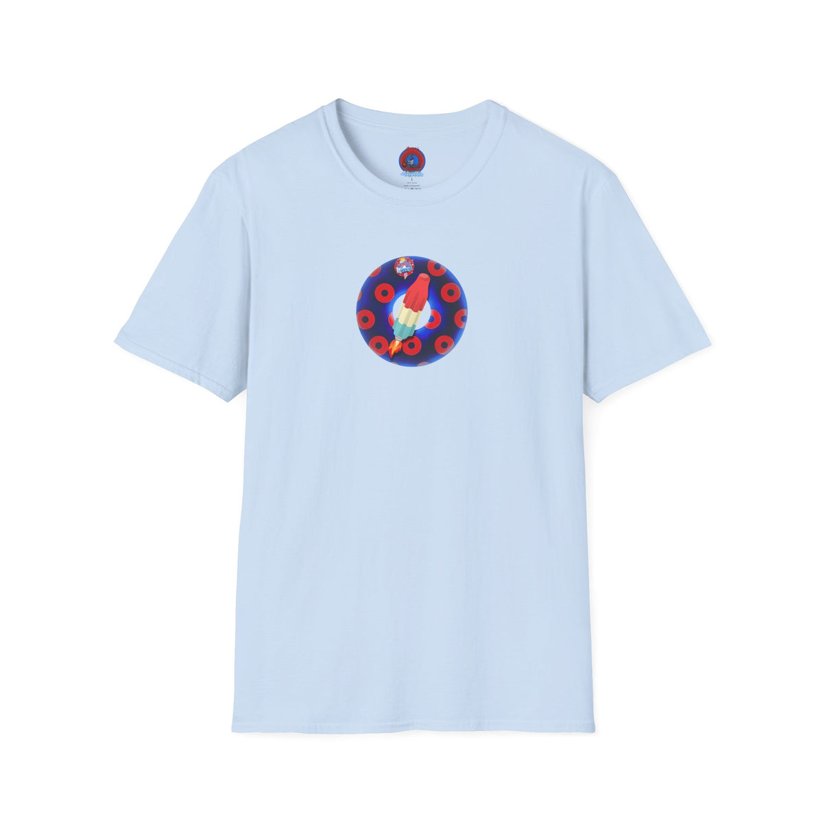 Classic Donut Tee - Unisex Soft-Style - "Blow this Popsicle Stand" - blue/red paradox bomb pop donut - variant 2