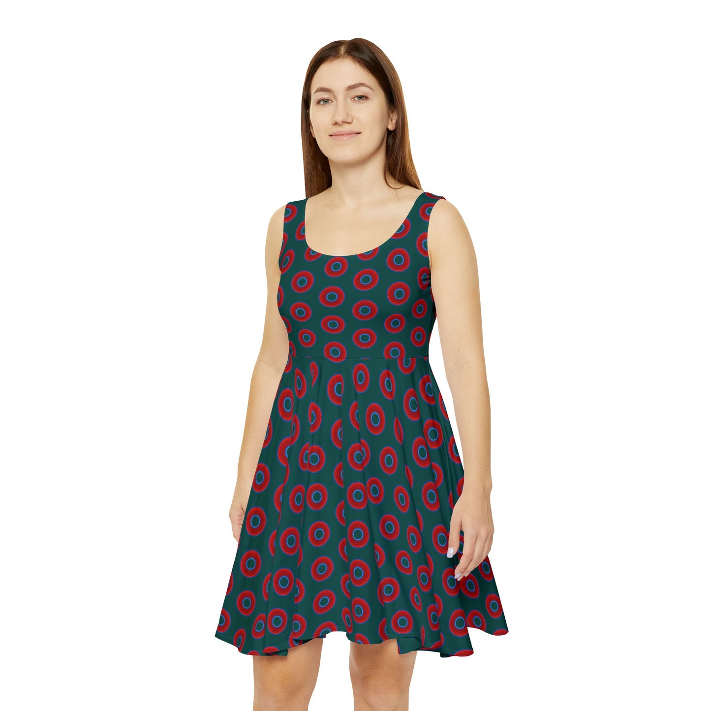 Women's Skater Donut Dress - vivid red donut print w/dark Fenway green background