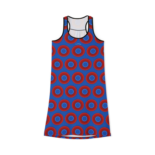 Tela's Lumpy Racerback Donut Dress - red vivid donut print w/darker royal blue background