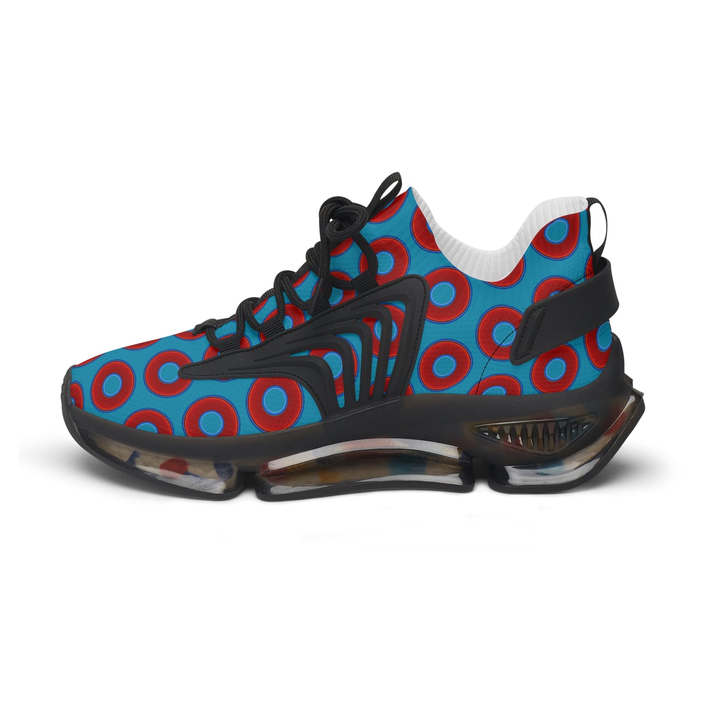 Women's Donut Kicks - red vivid donut print w/aquamarine blue background