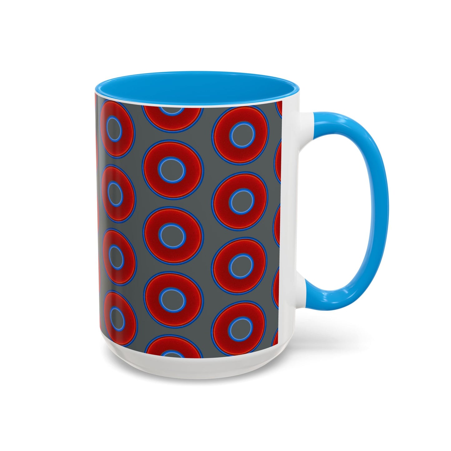 Lump's Grumpy Coffee Mug - vivid red donuts w/dark gray background