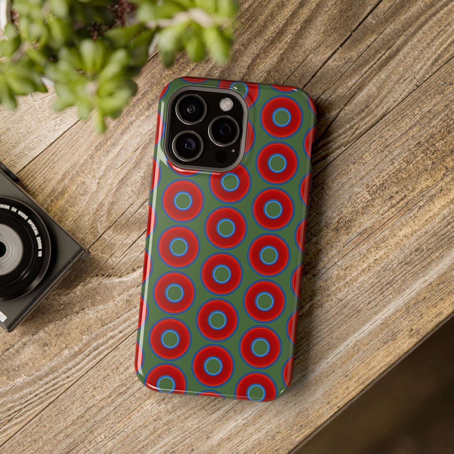 Magnetic Tough Donut Case - red vivid donut print w/dark green background