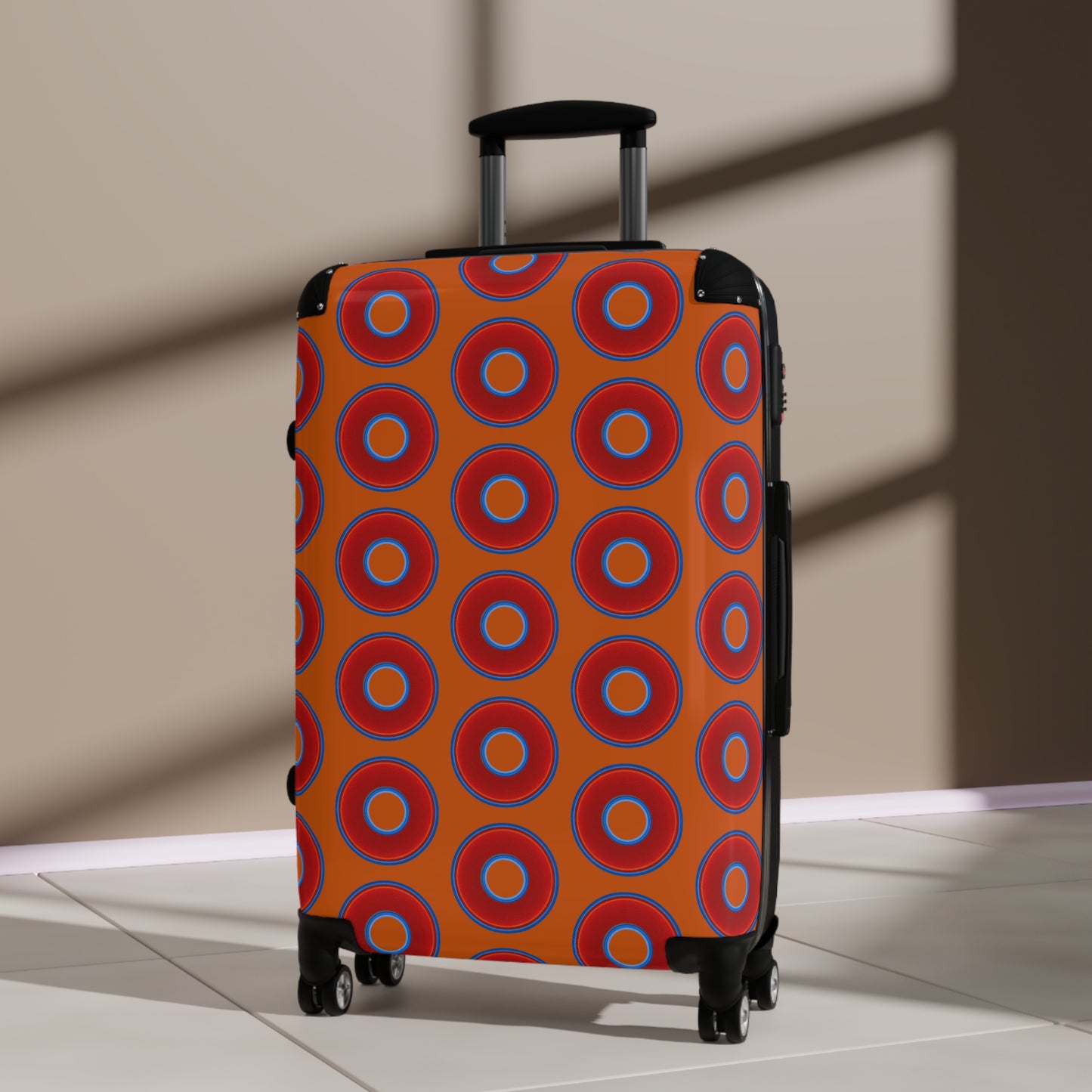 The Very Lumpy Donut Suitcase series - your choice of S, M or L - vivid red donut print w/dark orange background