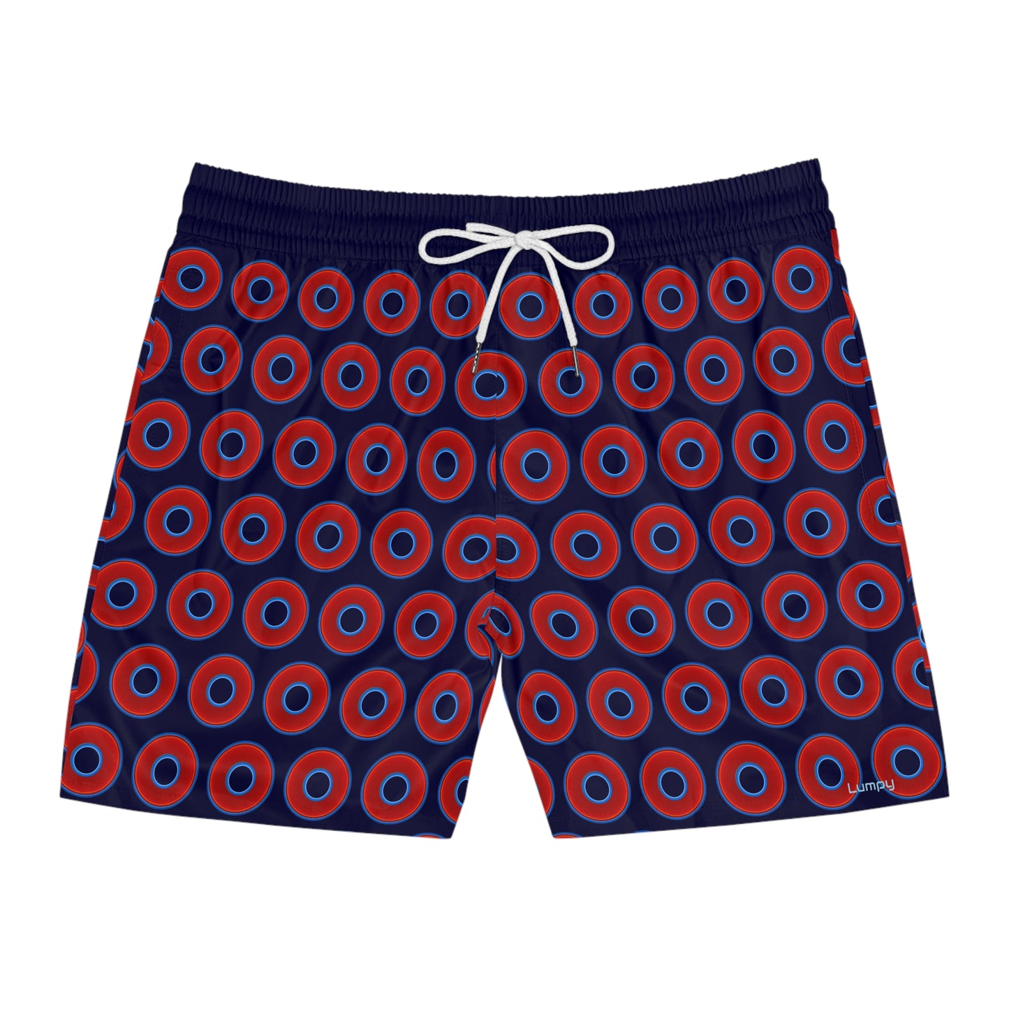 Men's Lumpy Swim Trunks - vivid red donut print w/midnight blue background