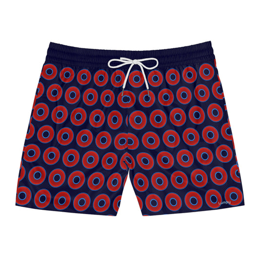 Men's Lumpy Swim Trunks - vivid red donut print w/midnight blue background