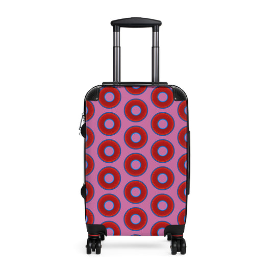 The Very Lumpy Donut Suitcase series - your choice of S, M or L - vivid red donut print w/light pink background