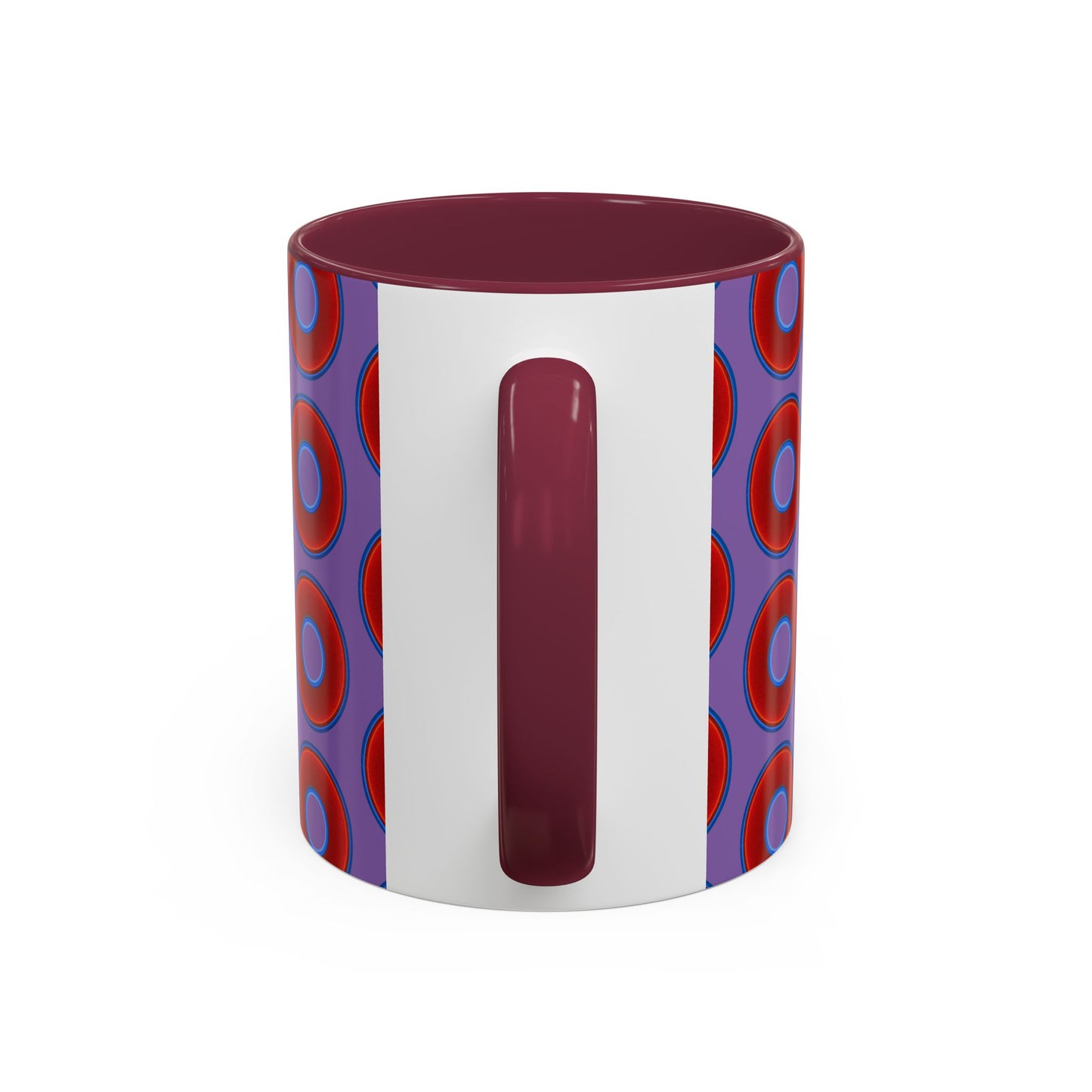Lump's Grumpy Coffee Mug - vivid red donuts w/light purple background