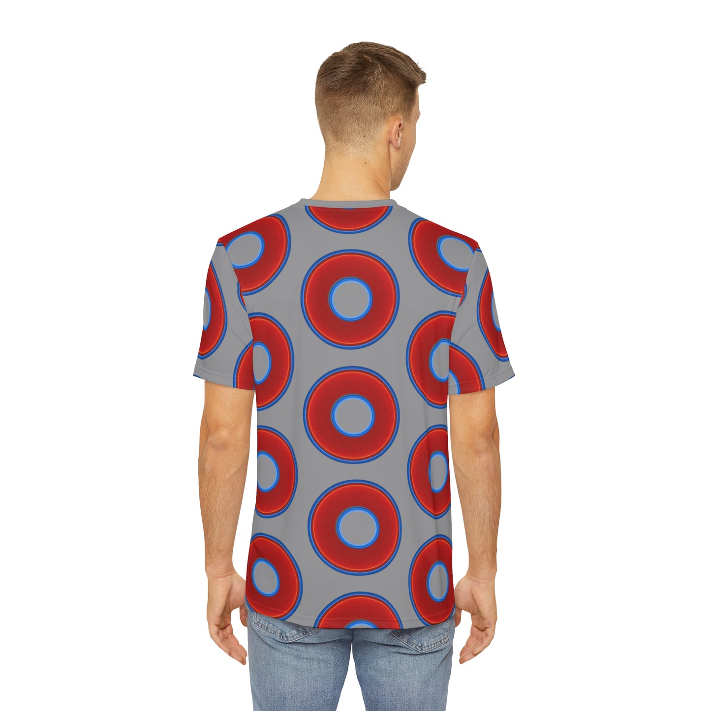 Multi-Beastie Giant Donut AOP Polyester Tee - red vivid donut print w/gray background