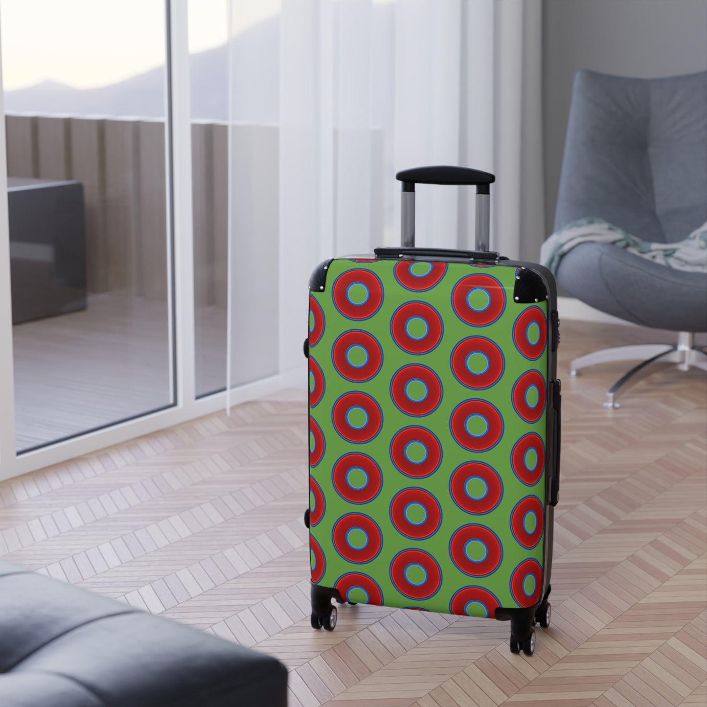 The Very Lumpy Donut Suitcase series - your choice of S, M or L - vivid red donut print w/lime green background