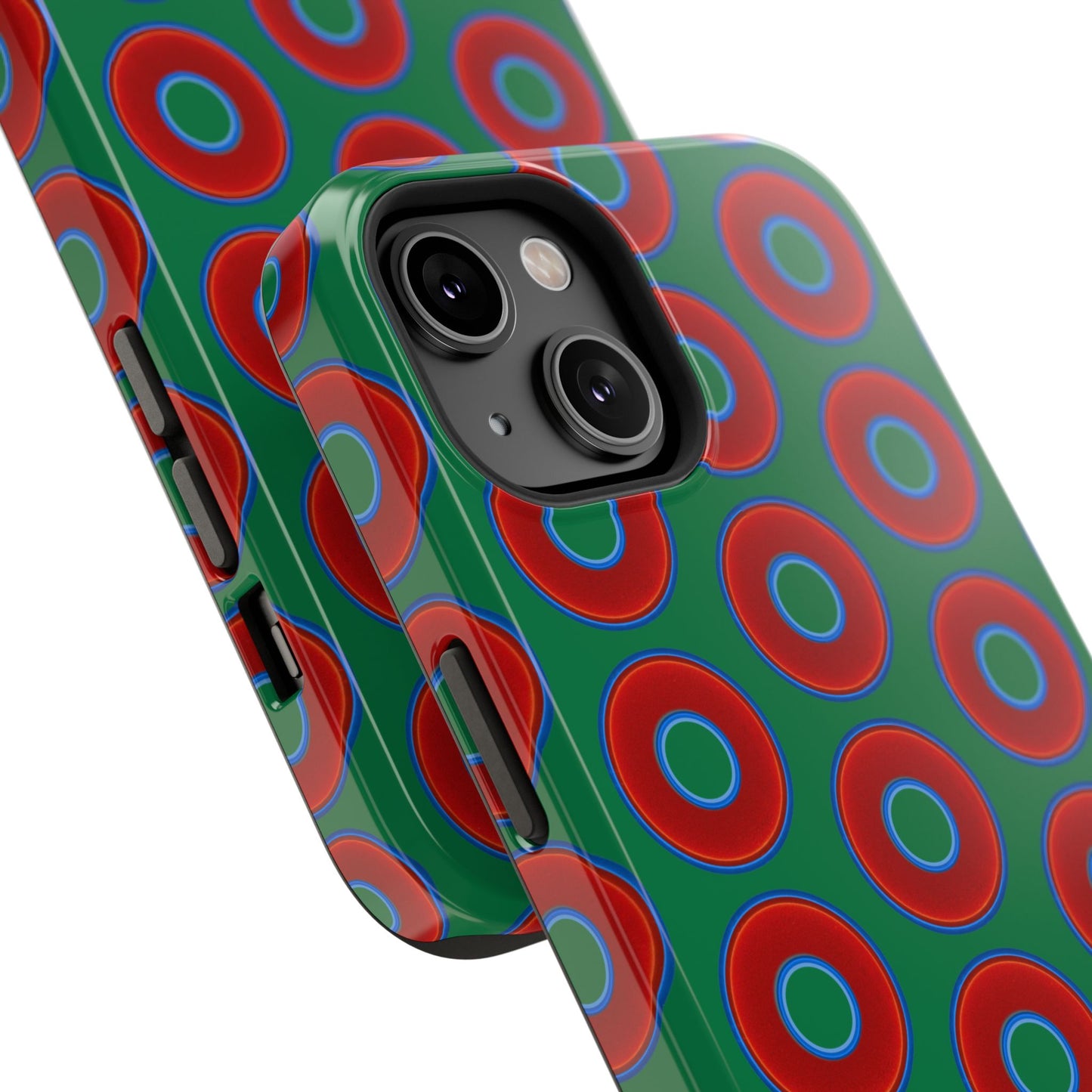 Impact-Resistant Lumpy Donut Case - red vivid donut print w/green background