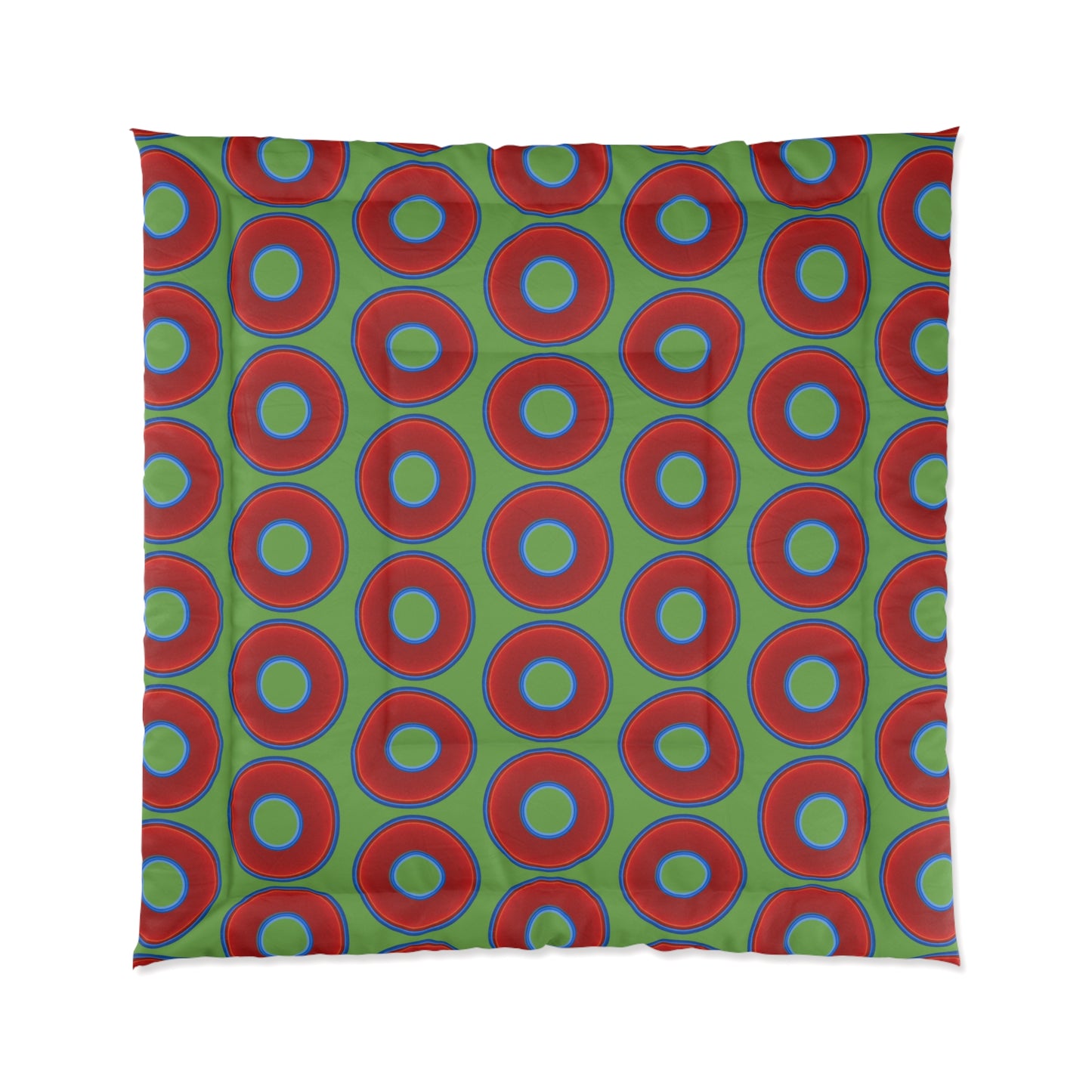 The Very Lumpy Comforter - vivid red donuts w/light green background