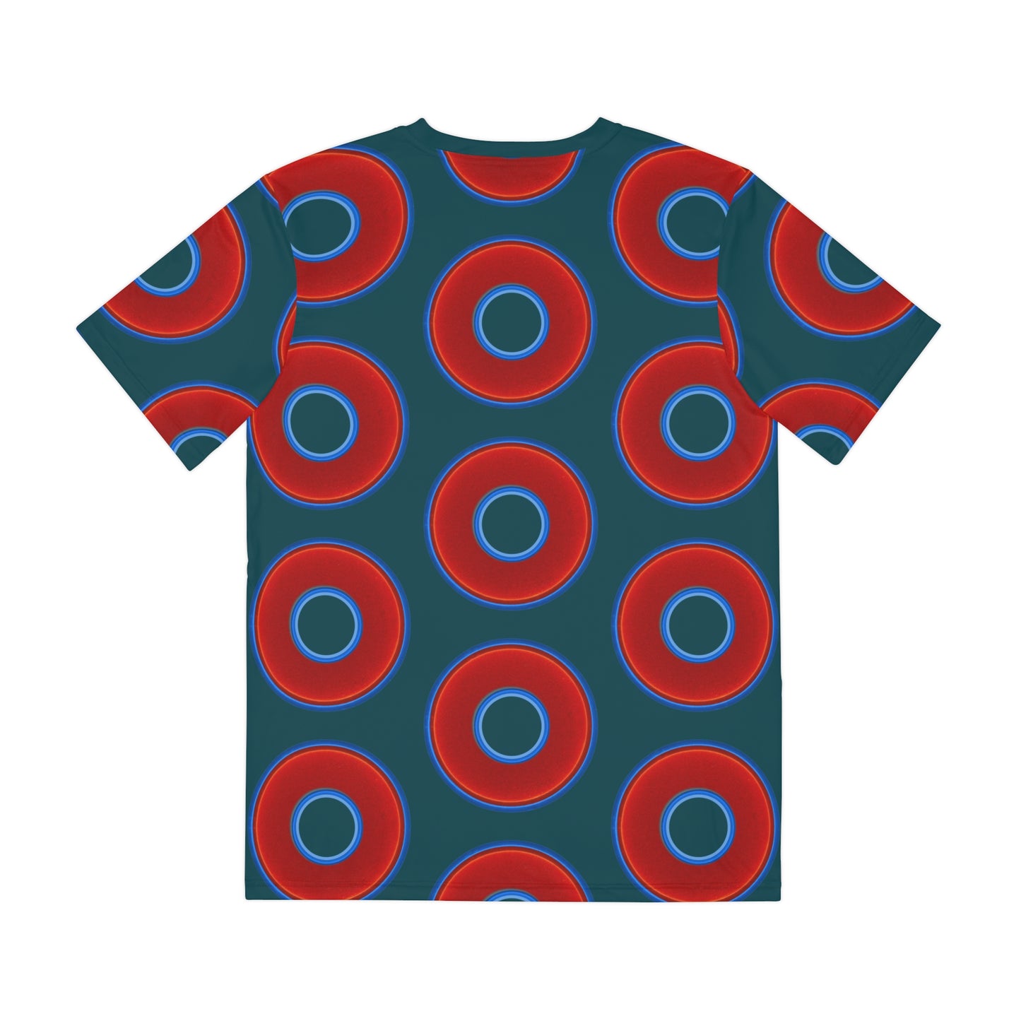 Multi-Beastie Giant Donut AOP Polyester Tee - red vivid donut print w/midnight teal green background