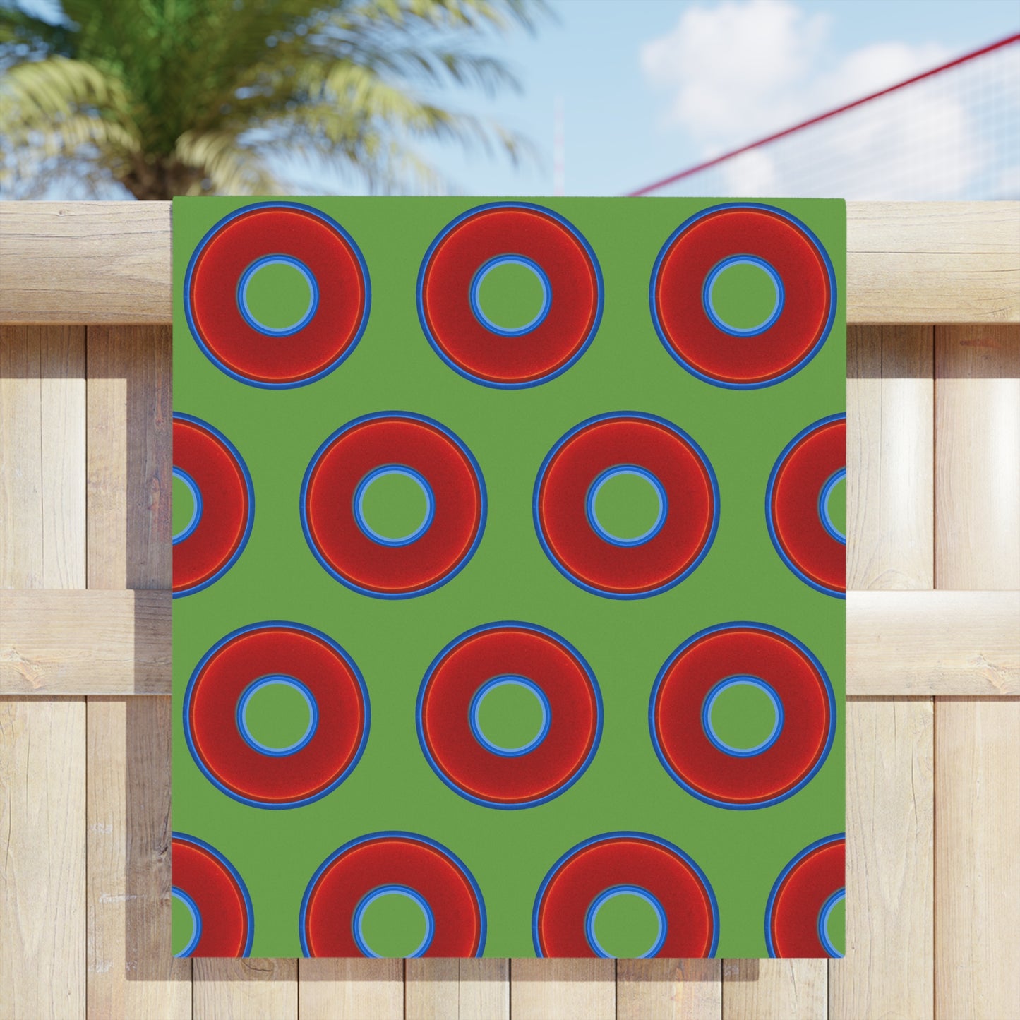 Lumpy Donut Towels - vivid red donuts w/light green background