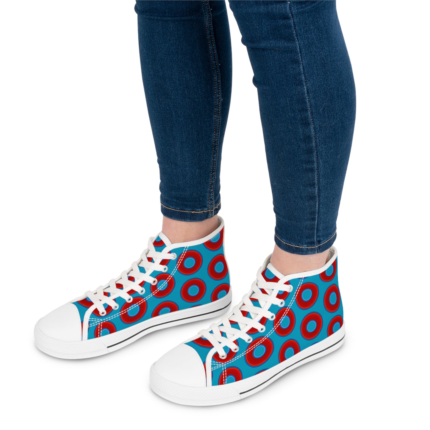 Women's High Top Chuck Taylors - large vivid red donut print w/aquamarine blue background