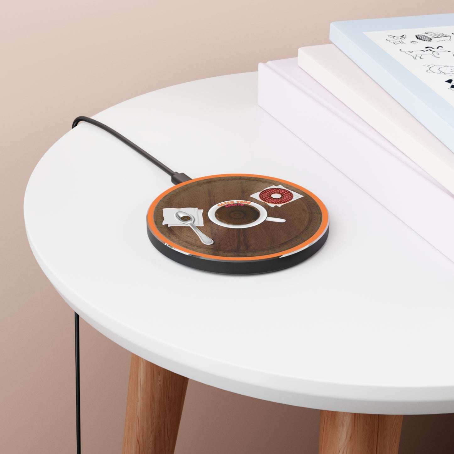 The Flow - Wireless Lumpy Donut Chargers - "Recharging via Coffee & Donuts" - wooden donut w/orange background