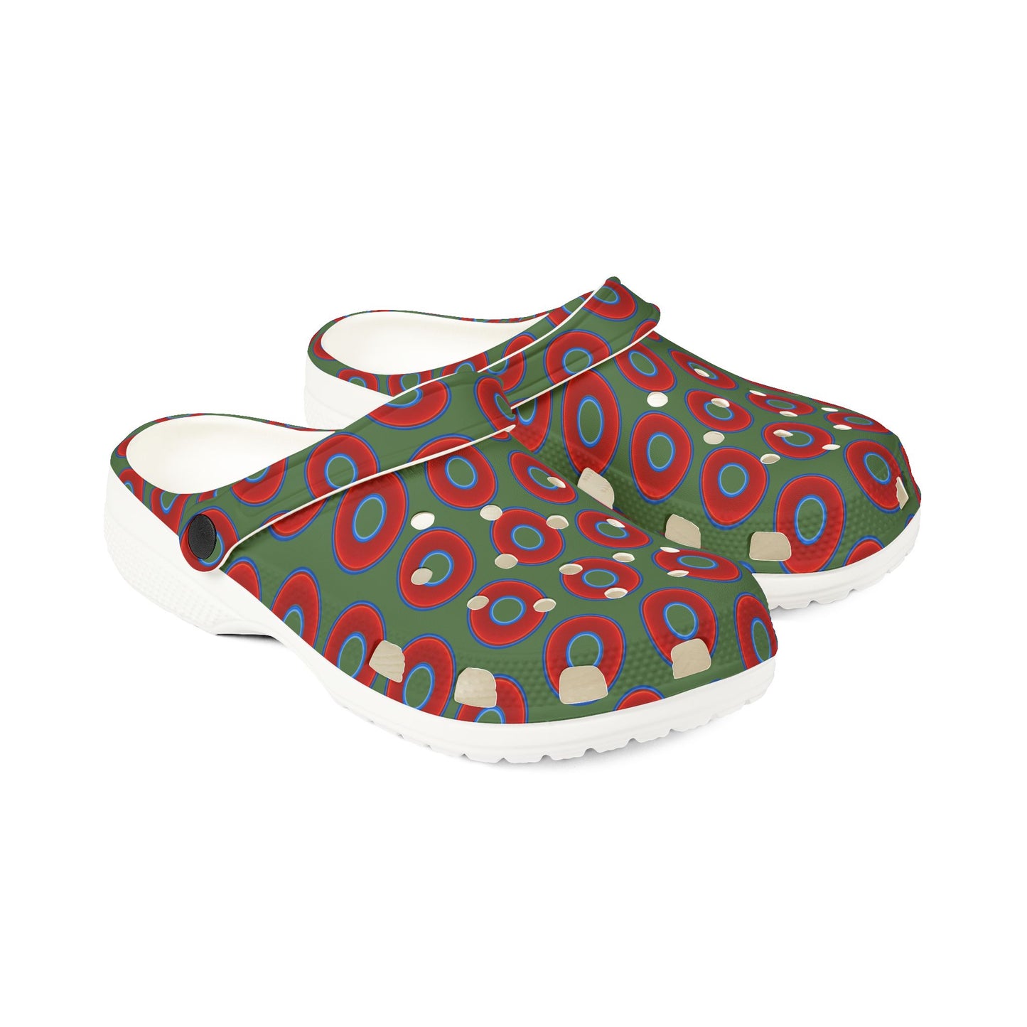 Spatchcocks - donut slip-on shoes - vivid red donuts w/dark green background [unisex]