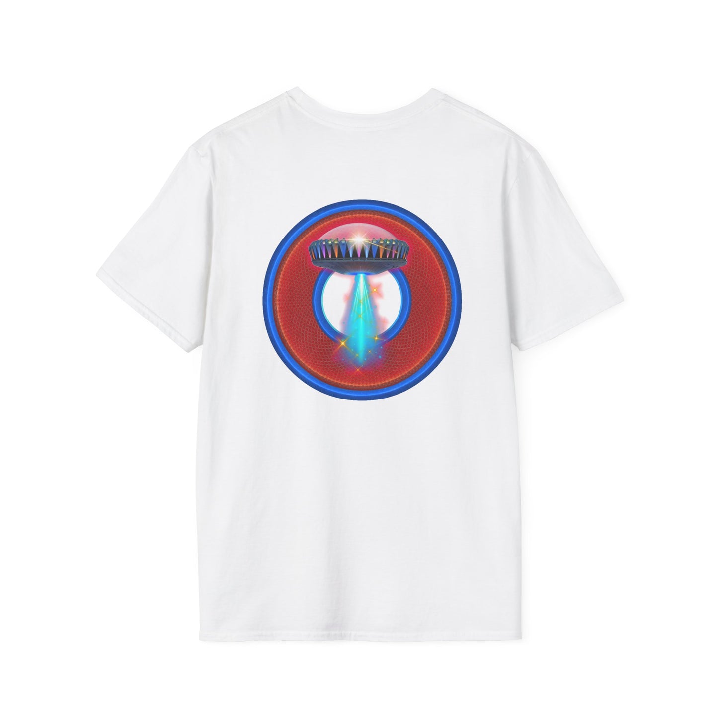 Classic Donut Tee - Unisex Soft-Style - "Donuts now Served on the Mothership" - red/blue donut