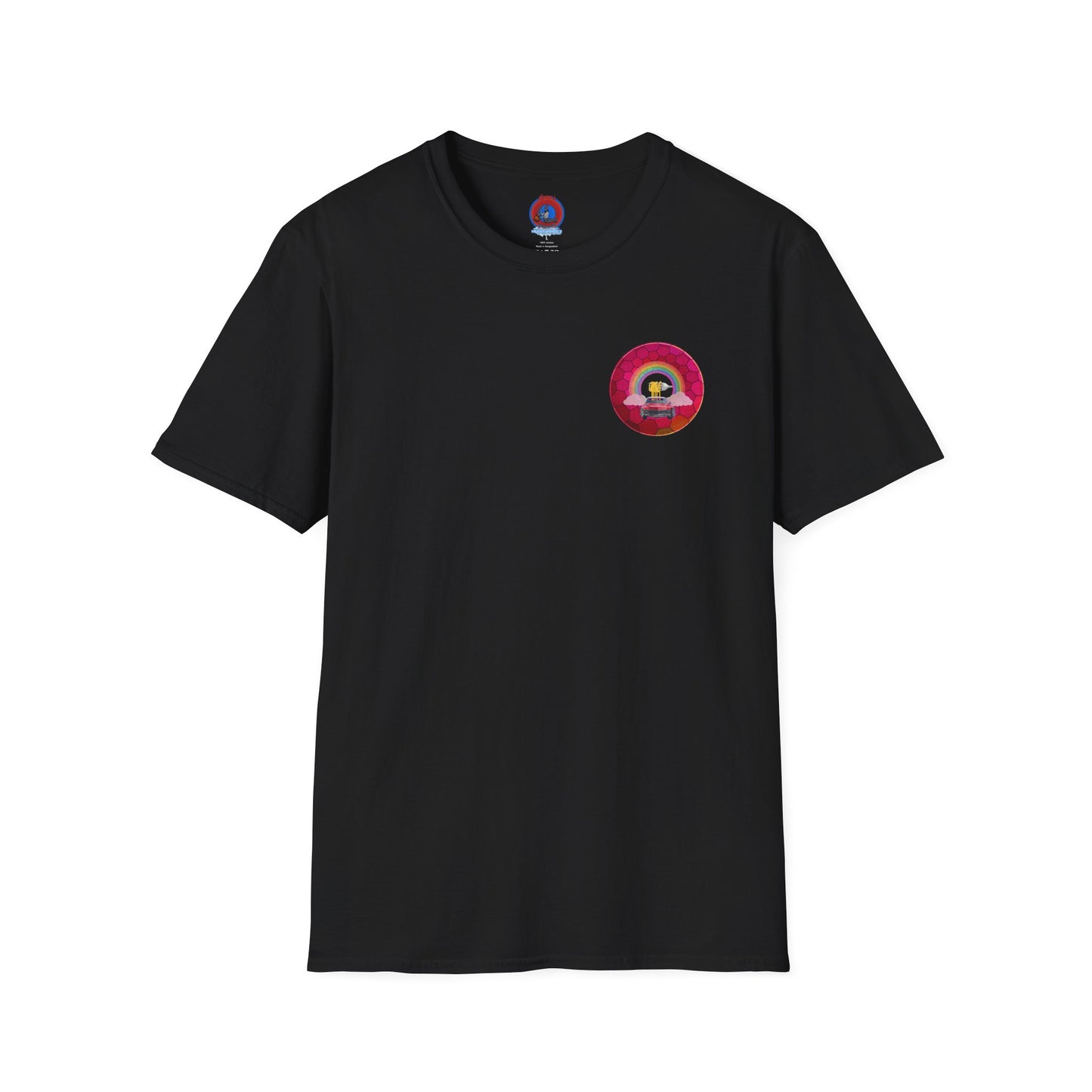 Classic Donut Tee - Unisex Soft-Style - "Cadillac Rainbows Donut Tee" - variant 1 - magenta hexadonut w/red caddy