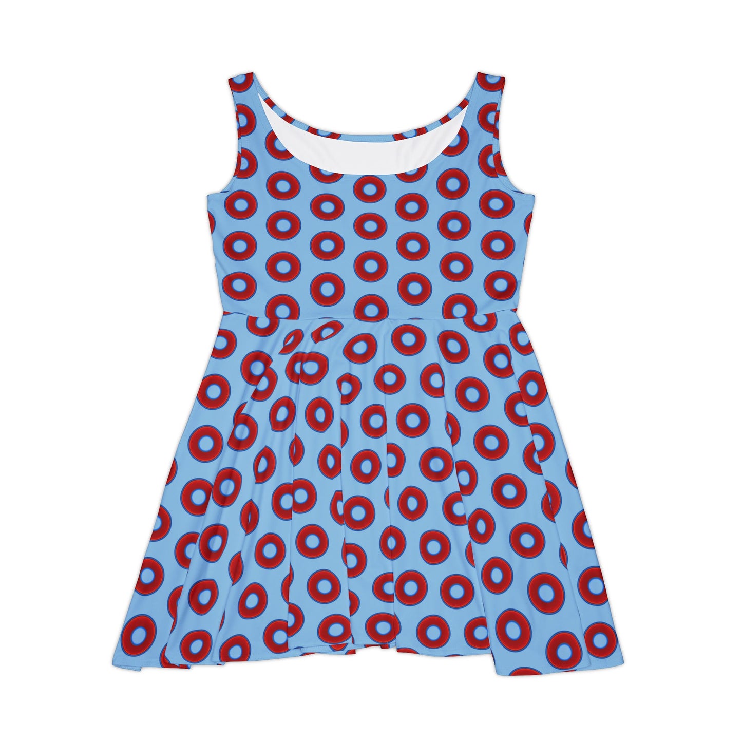 Women's Skater Donut Dress - vivid red donut print w/sky blue background