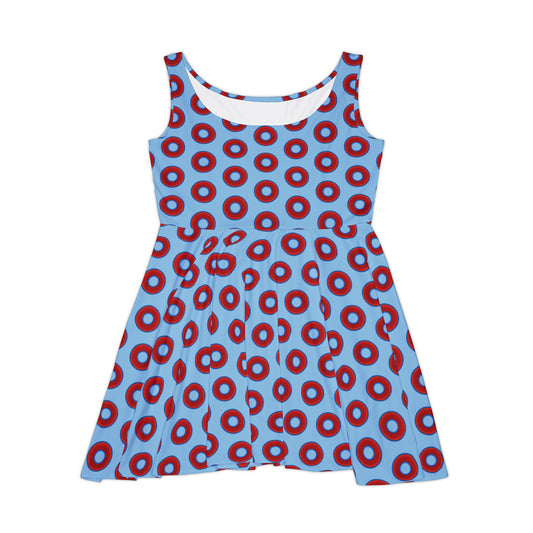 Women's Skater Donut Dress - vivid red donut print w/sky blue background