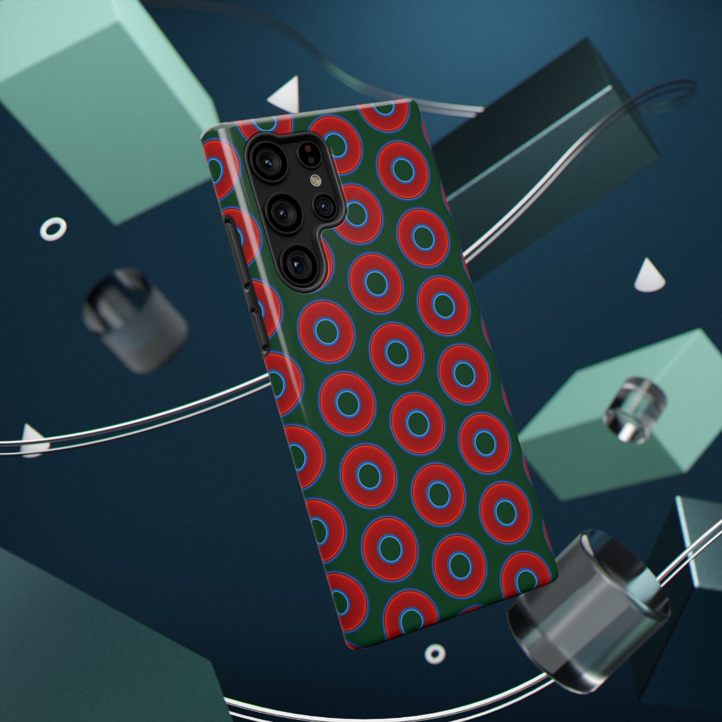 Impact-Resistant Lumpy Donut Case - red vivid donut print w/dark pond green background