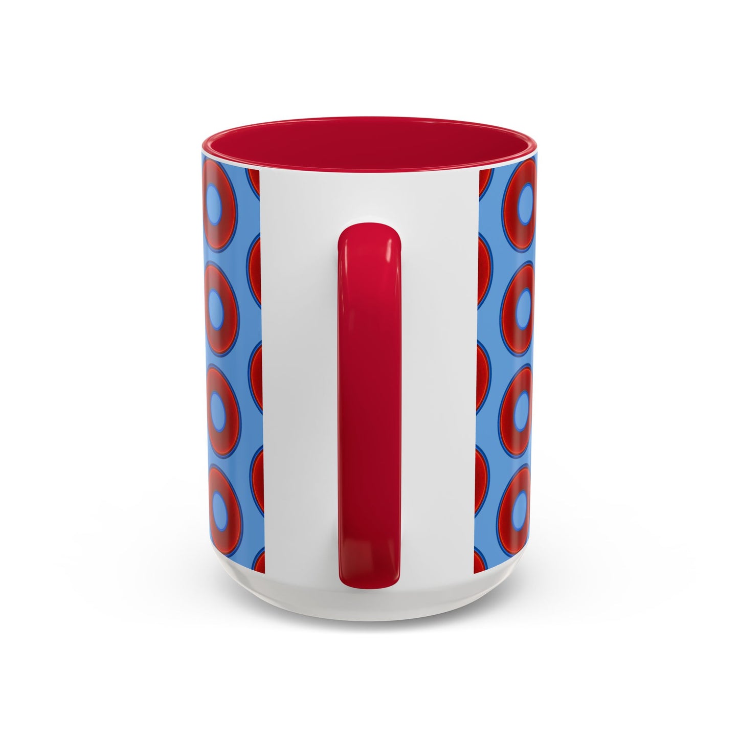 Lump's Grumpy Coffee Mug - vivid red donuts w/light blue background