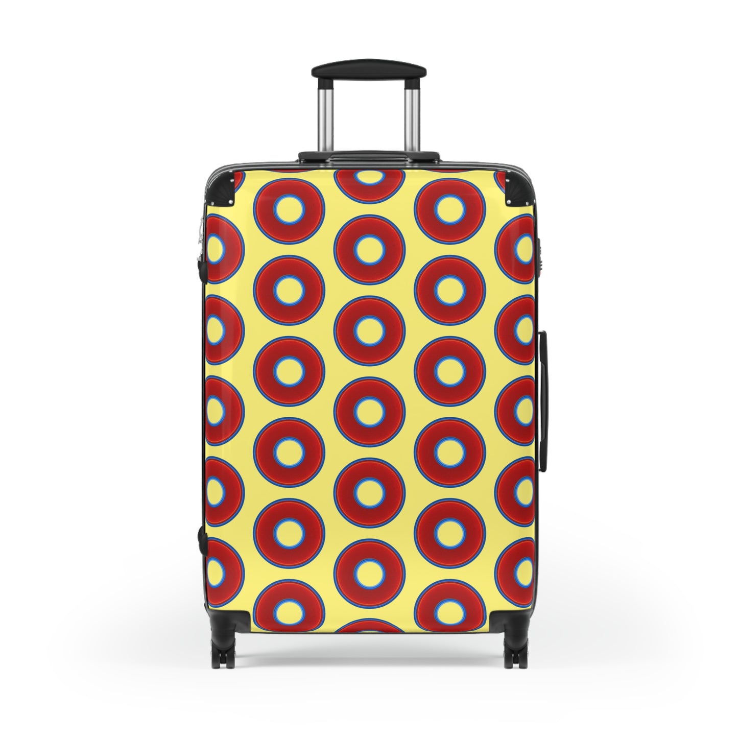 The Very Lumpy Donut Suitcase series - your choice of S, M or L - vivid red donut print w/yellow background