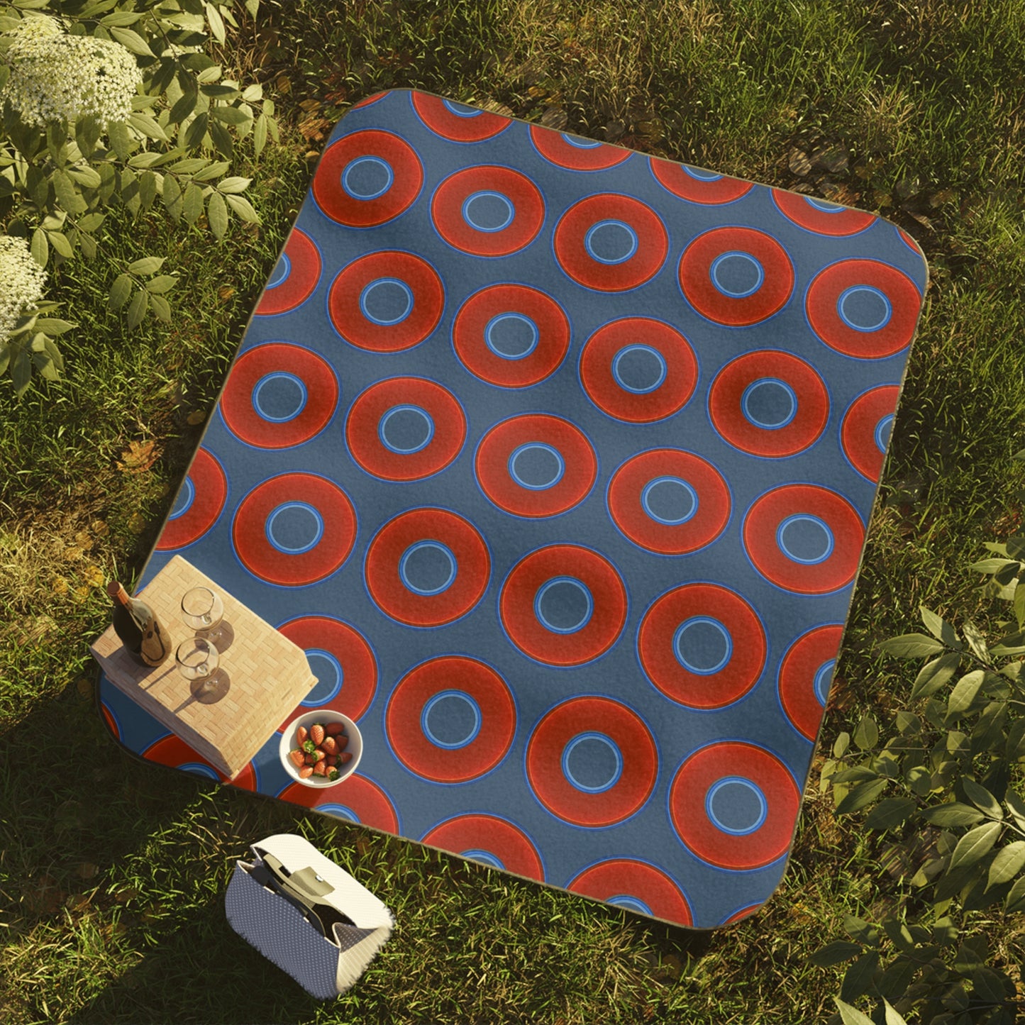 The Lumpy Party Blanket - giant water-resistant outdoor blanket [61" x 51"] - vivid red donuts w/light navy background