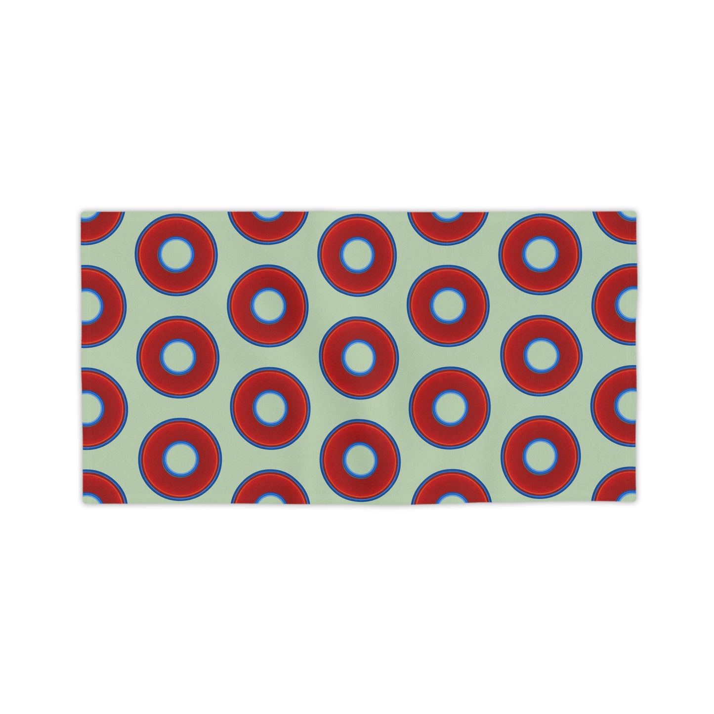 Lumpy Donut Towels - vivid red donuts w/seafoam background