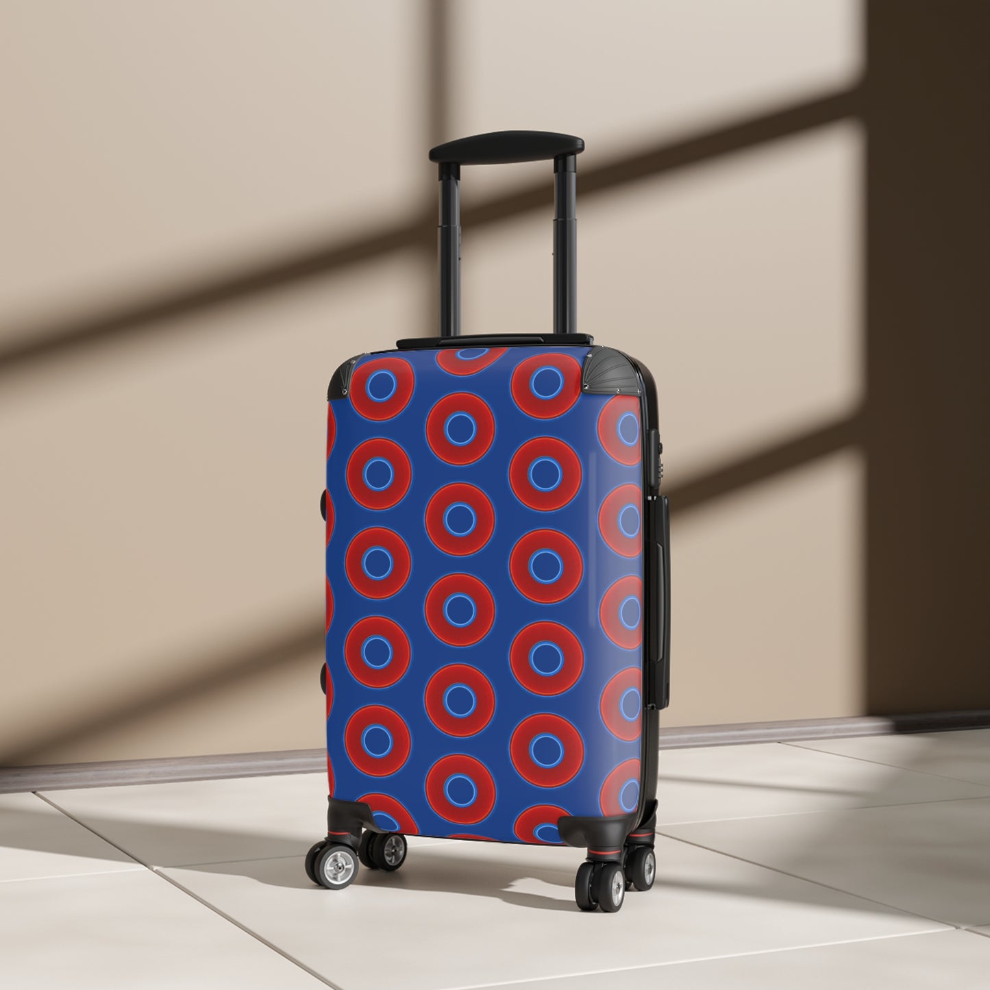 Very Lumpy Donut Suitcase series - your choice of S, M or L - vivid red donut print w/dark blue background