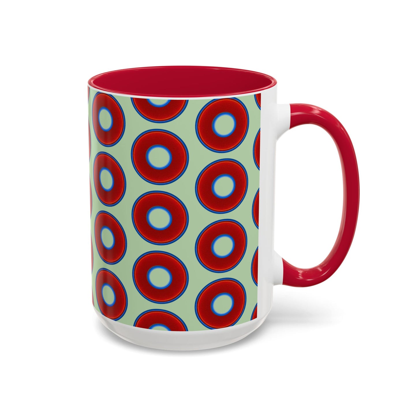 Lump's Grumpy Coffee Mug - vivid red donuts w/seafoam background