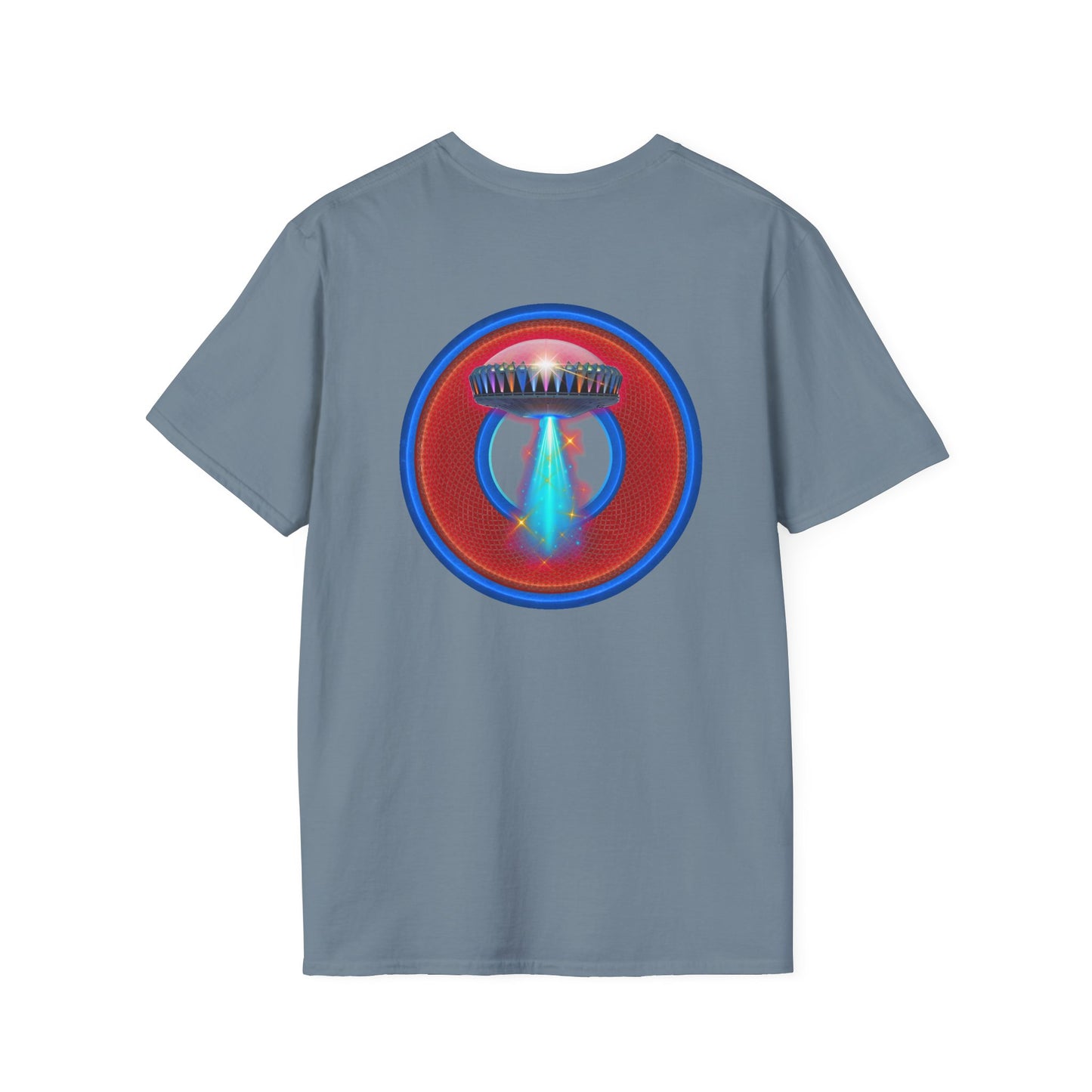 Classic Donut Tee - Unisex Soft-Style - "Donuts now Served on the Mothership" - red/blue donut