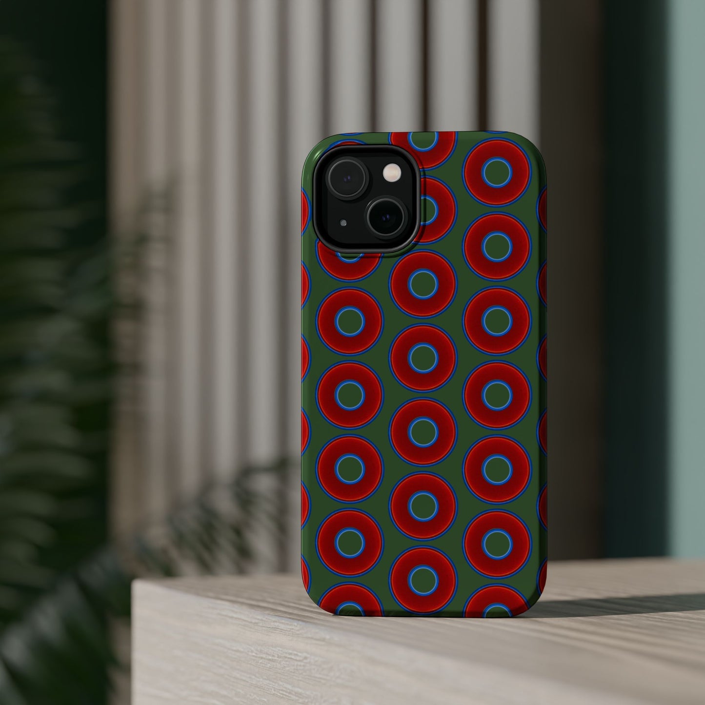 Magnetic Tough Donut Case - red vivid donut print w/dark green background