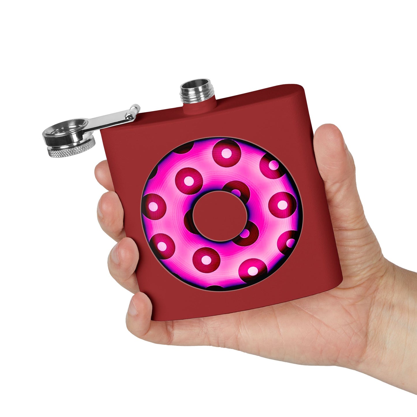 Lump's Donut Flask 6 oz -  Hot Magenta/Red Blimpy Paradox Donut - [*w/your choice of 6 backgrounds]