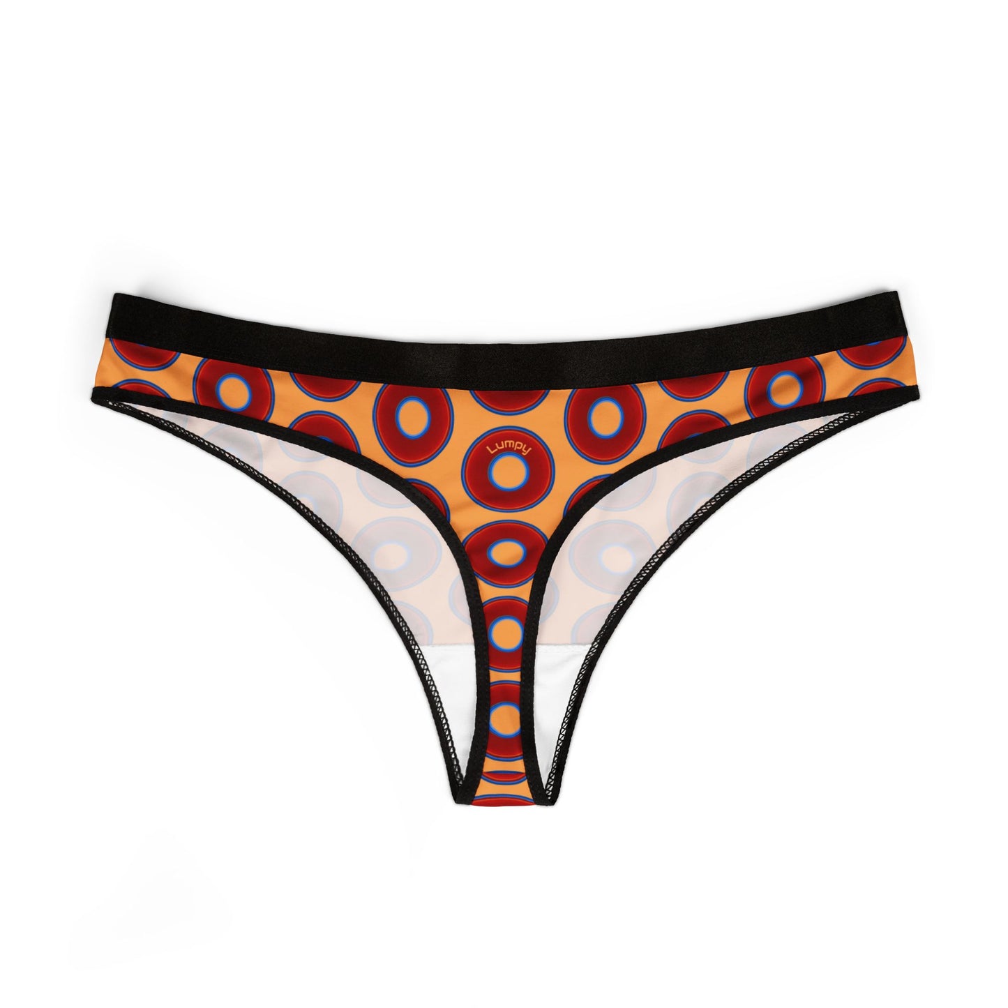 Lumpy Donut Thongs - red vivid donut print w/creamsicle orange background