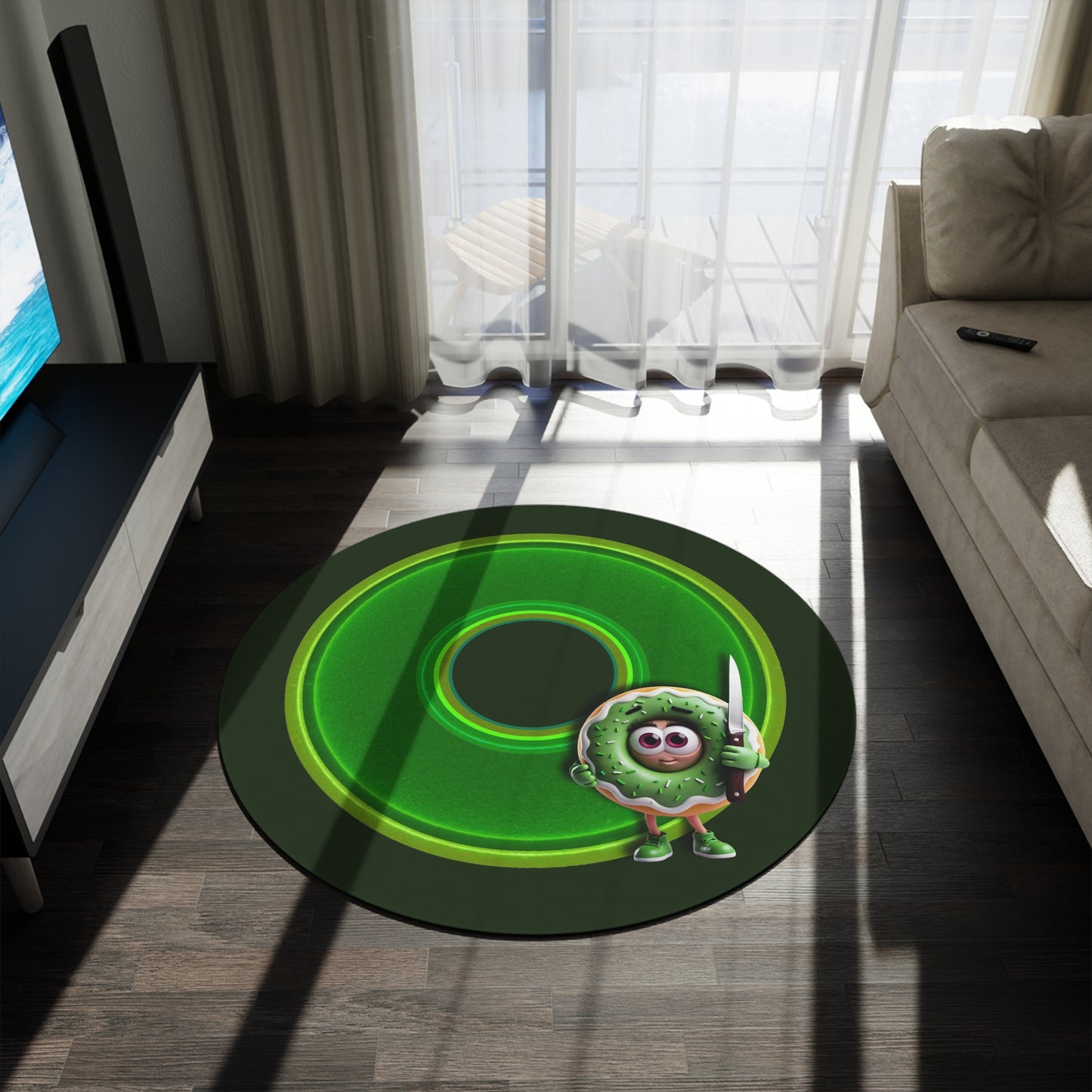 Round Room - 5 ft x 5 ft Lumpy Donut Rug - "My Phriend the Donut Rug" - vivid green donut w/deep forest green background - variant 4