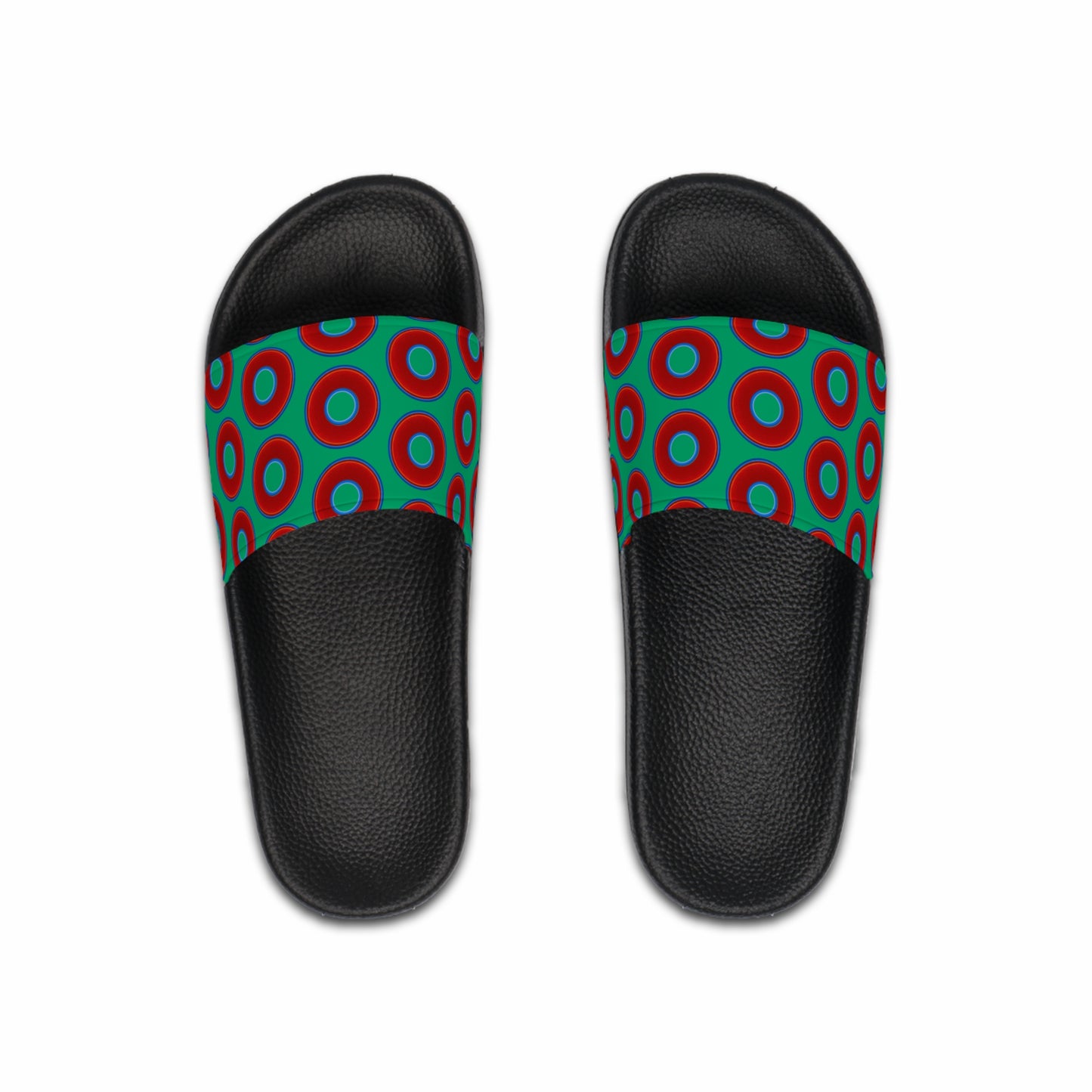 Men's Lumpy Sandals - slip-ons - red vivid donuts w/jade light green background