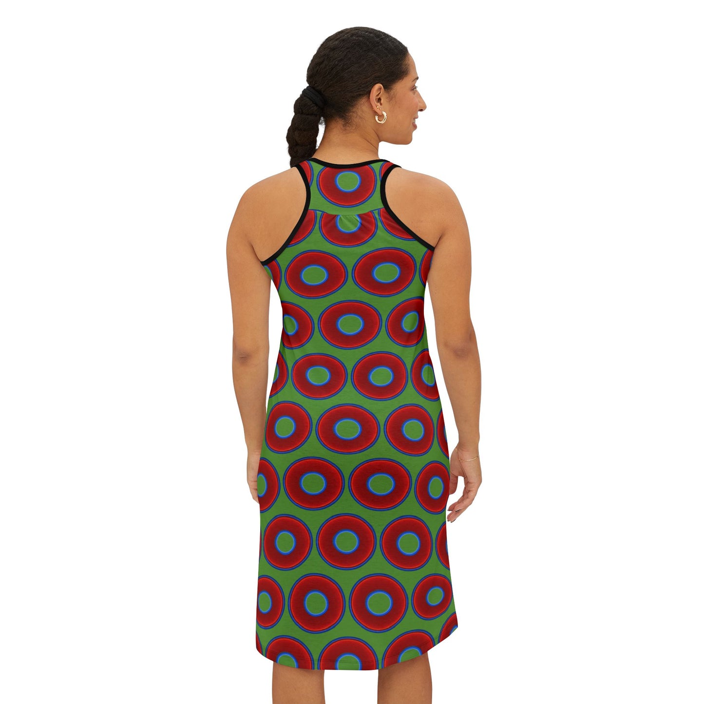 Tela's Lumpy Racerback Donut Dress - red vivid donut print w/light green background