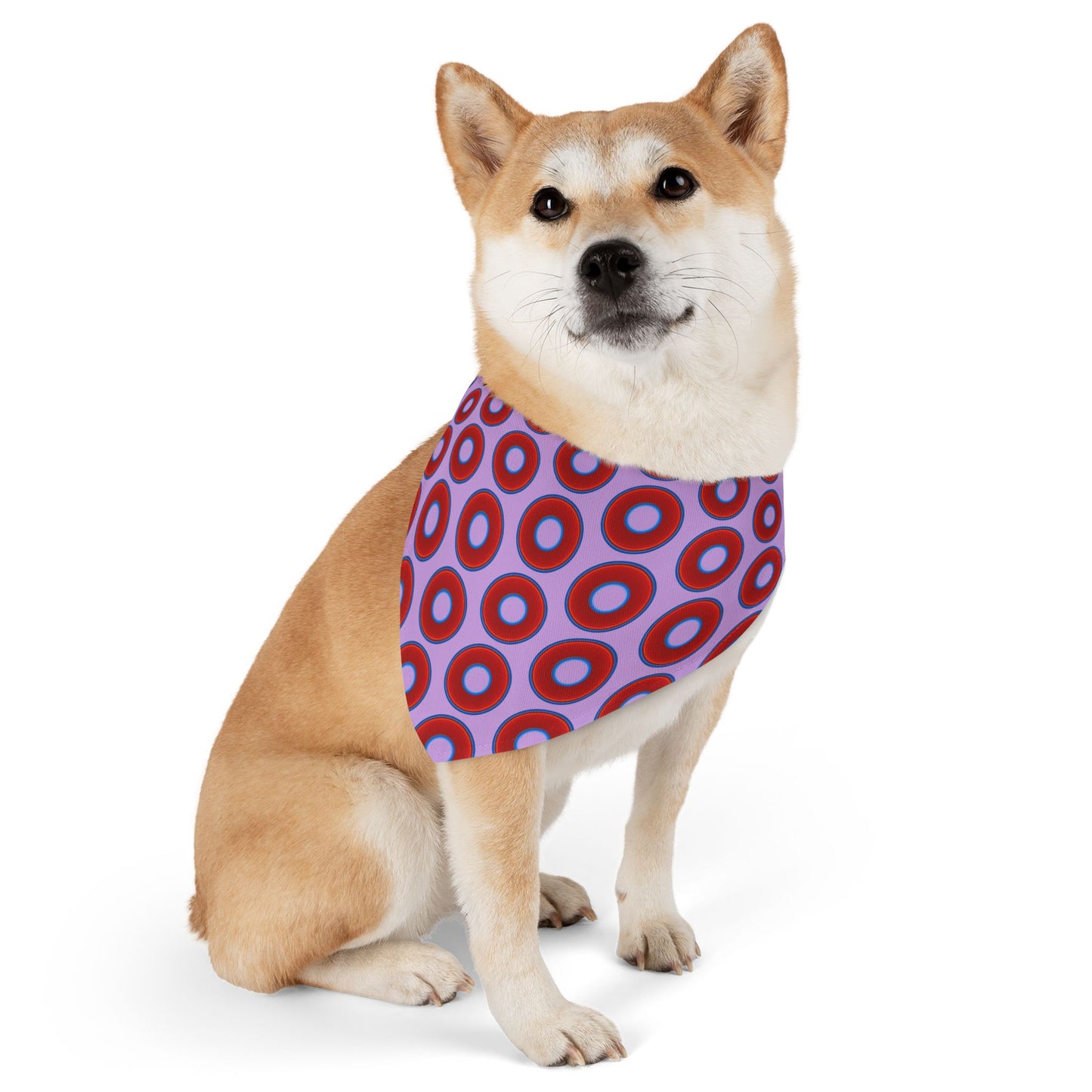 Jim's Lumpy Bandana Pet Collar - vivid red donuts w/wisteria purple background