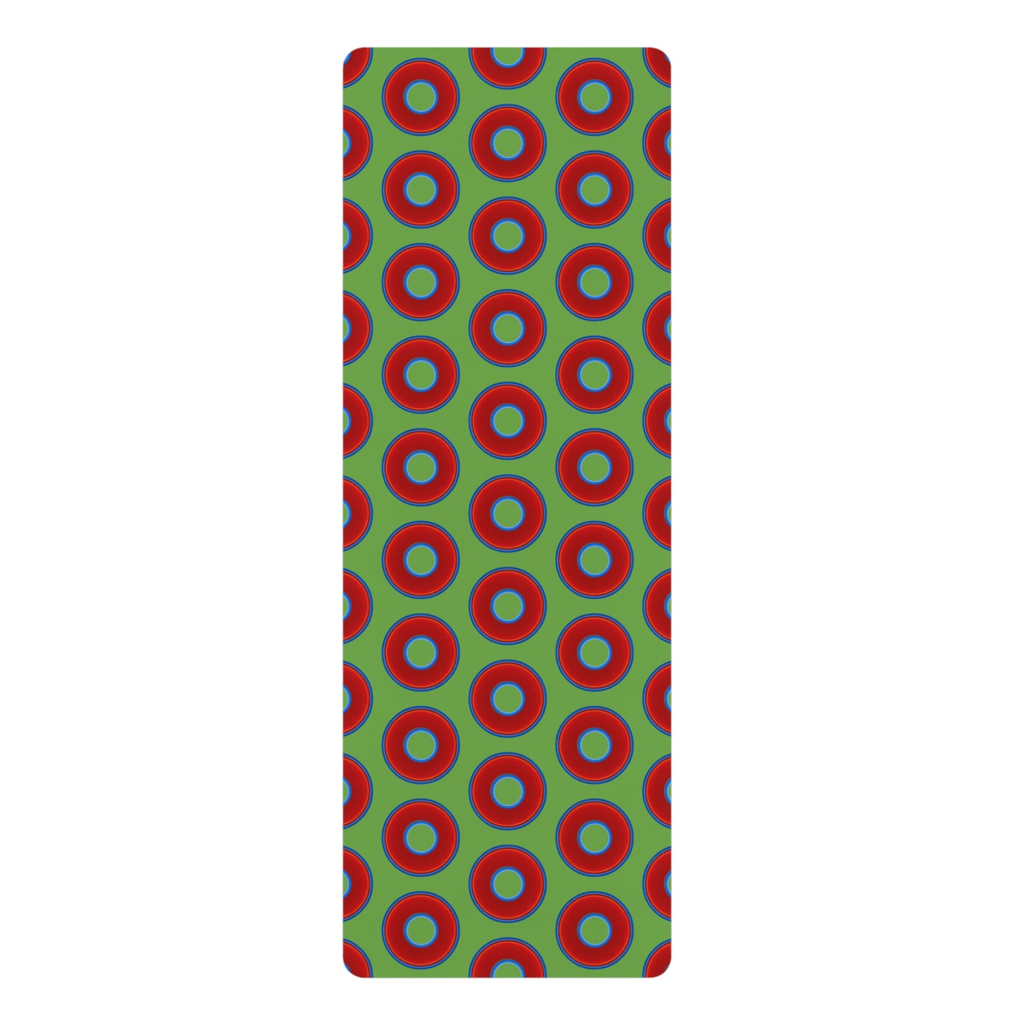Lumpy Donut Yoga Mat :) - 24″ x 70" - vivid red donut print w/light green background